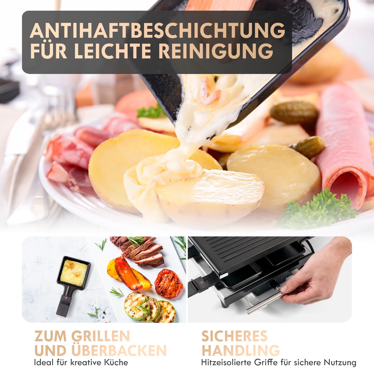 ProfiCook Grill raclette 2in1, raclette 10 persone, raclette con piano in pietra e piano cottura, antiaderente, impugnature isolate termicamente, termostato continuo,1700 Watt, acciaio inox,PC-RG 1144