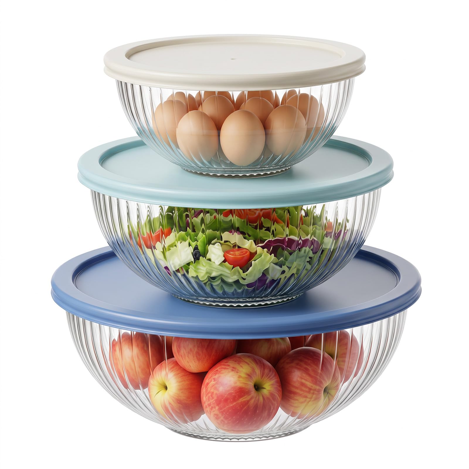 Ciotole di miscelazione in vetro, 3 pezzi, grandi ciotole con coperchio, per cuocere insalate, set da 1 l, 2 l, 3,5 l, ideale per cuocere, preparare, servire, conservare gli alimenti, lavabile