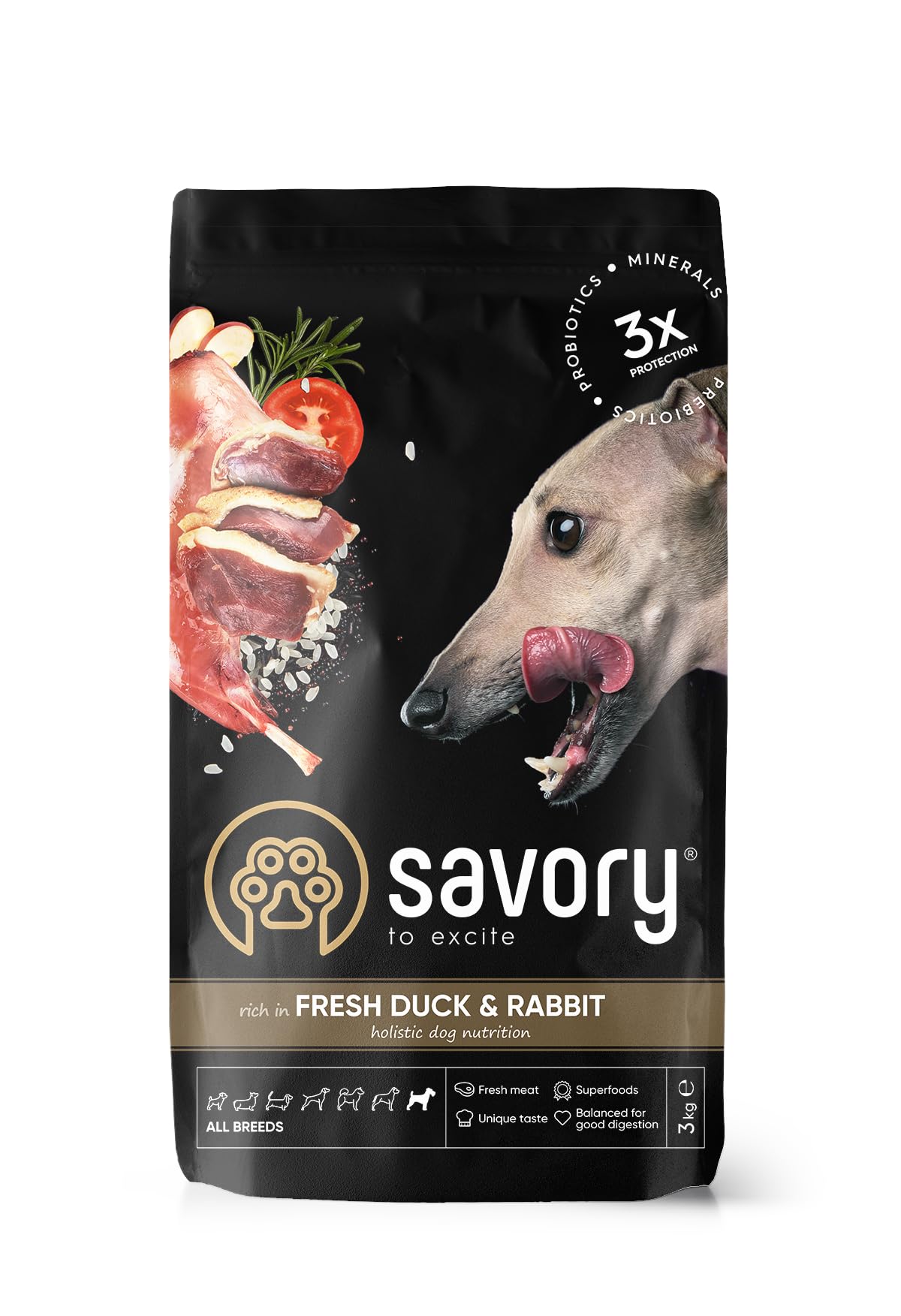 Savory - Cibo secco per cani - Tutte le razze - Anatra e coniglio freschi - a base di carne fresca essiccata, con Vit. A, D3, E, C - (2 x 3 kg)