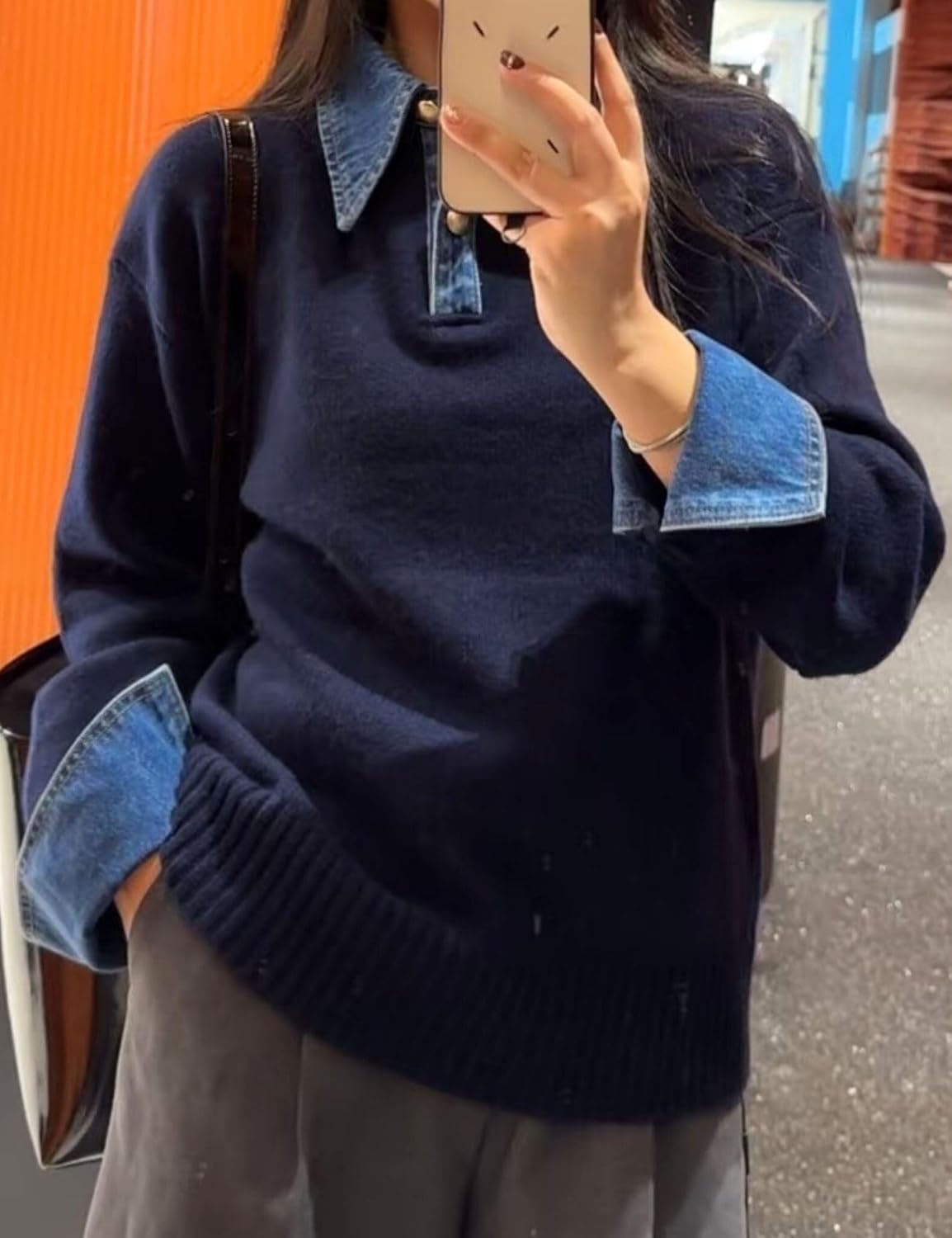 Womens Denim Lapel Sweater Oversized Long Sleeve Button Down Polo Knit Pullover Sweaters 2025 Fall Outfits - Image 7