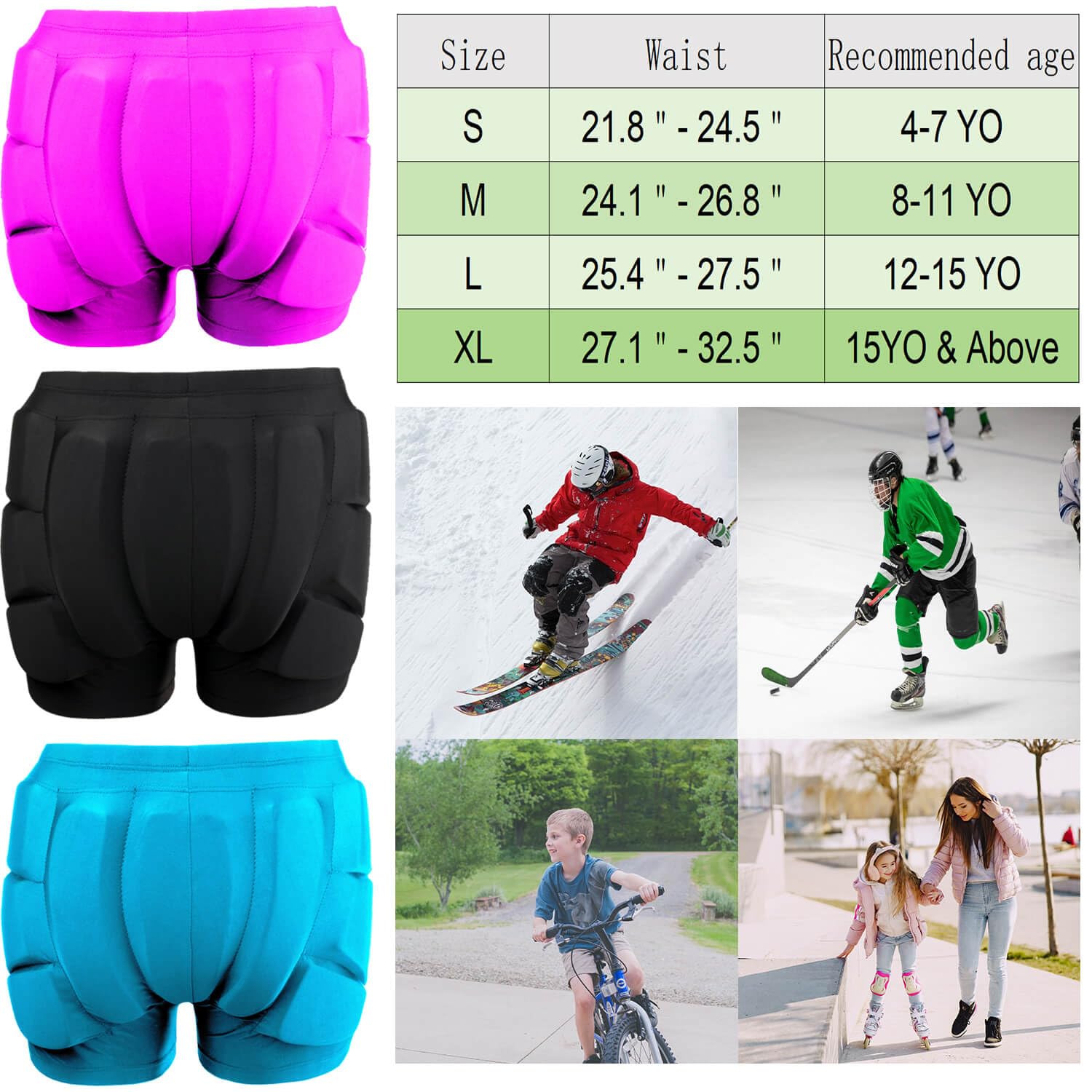 Pantalones cortos acolchados para niños, con almohadillas protectoras para snowboard, esquí, patinaje, ciclismo, protección 3D para coxis