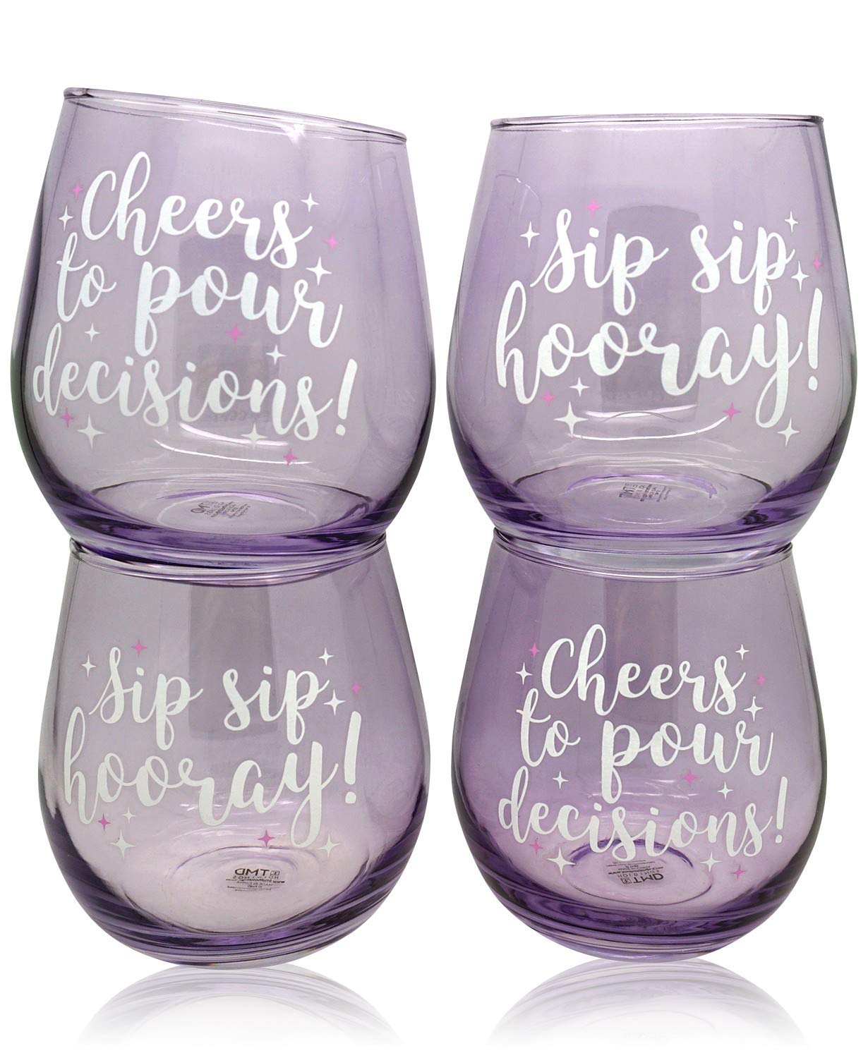 Tmd Holdings Set of 4 Wine Not Sayings, Purple Stemless Wine Glasses