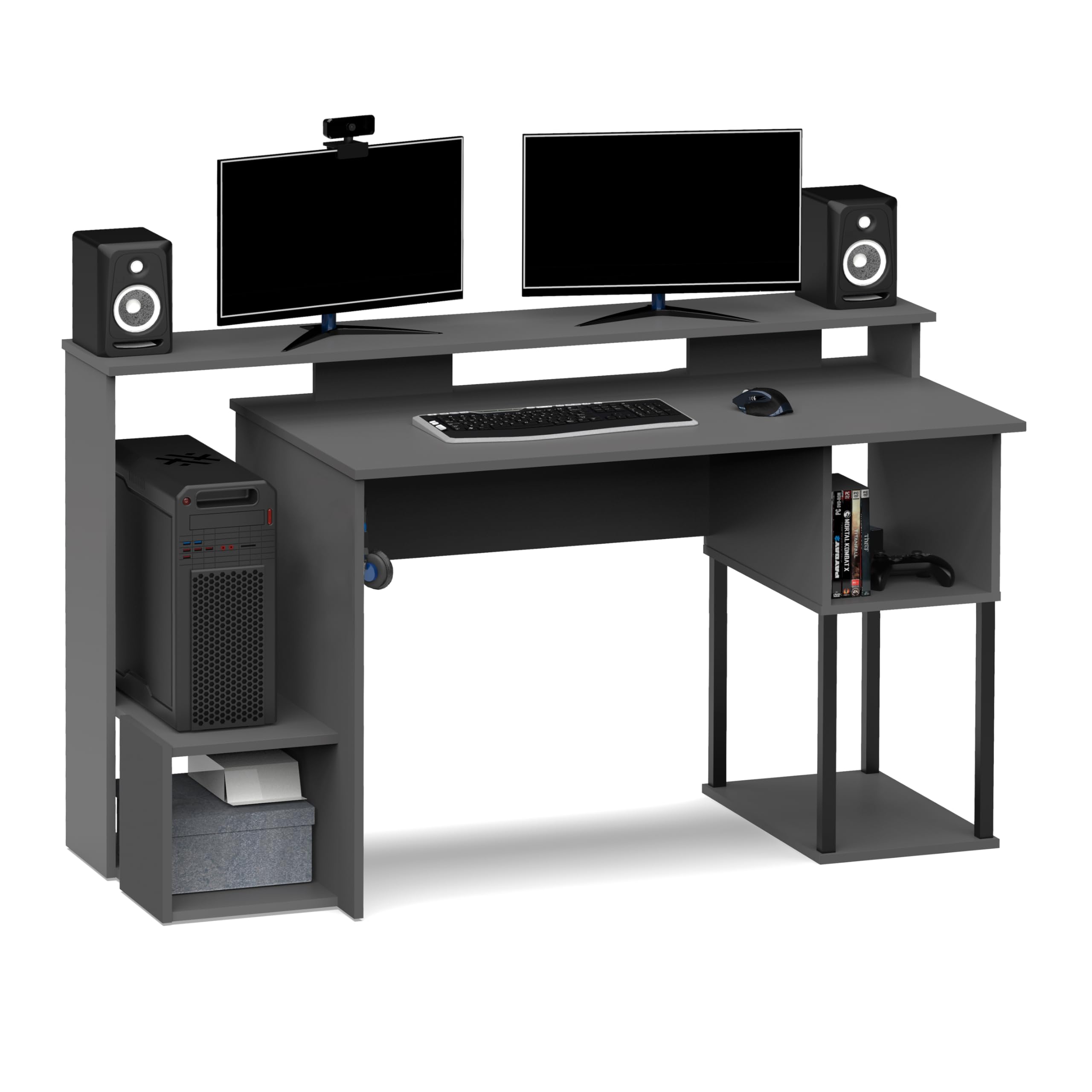 Mesa Gaming con Gancho para Auriculares, Curva pasacables, Altillo para monitores, Mesa de Ordenador para Oficinas, Escritorio, Gris, 89,5x150x67cm (Alto x Ancho x Fondo) Moderna Modelo Neru