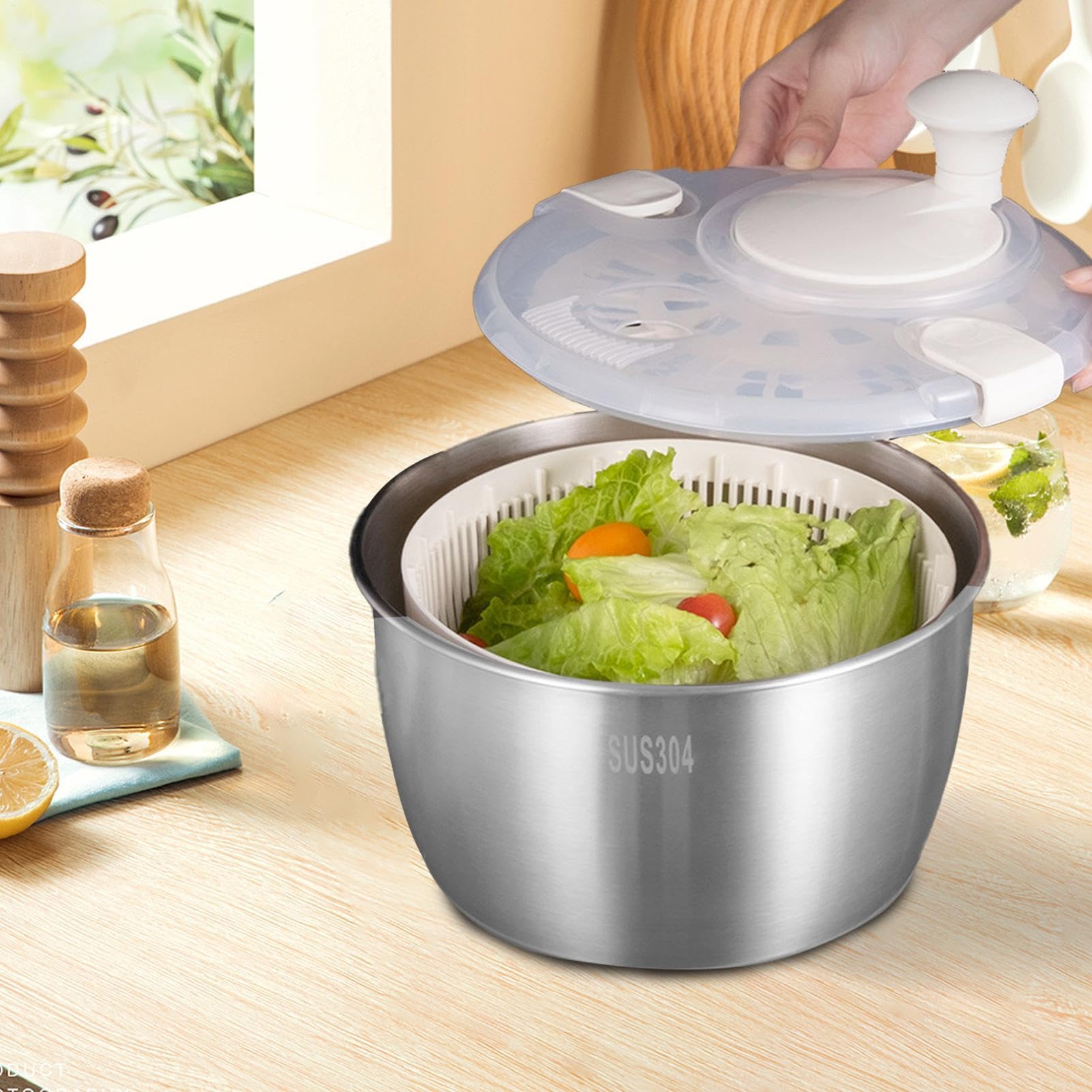 Centrifugador de ensalada, secadora de lechuga, de verduras | acero inoxidable, mezclador de ensalada, de ensalada de acero inoxidable con mango giratorio, molinillo de verduras,