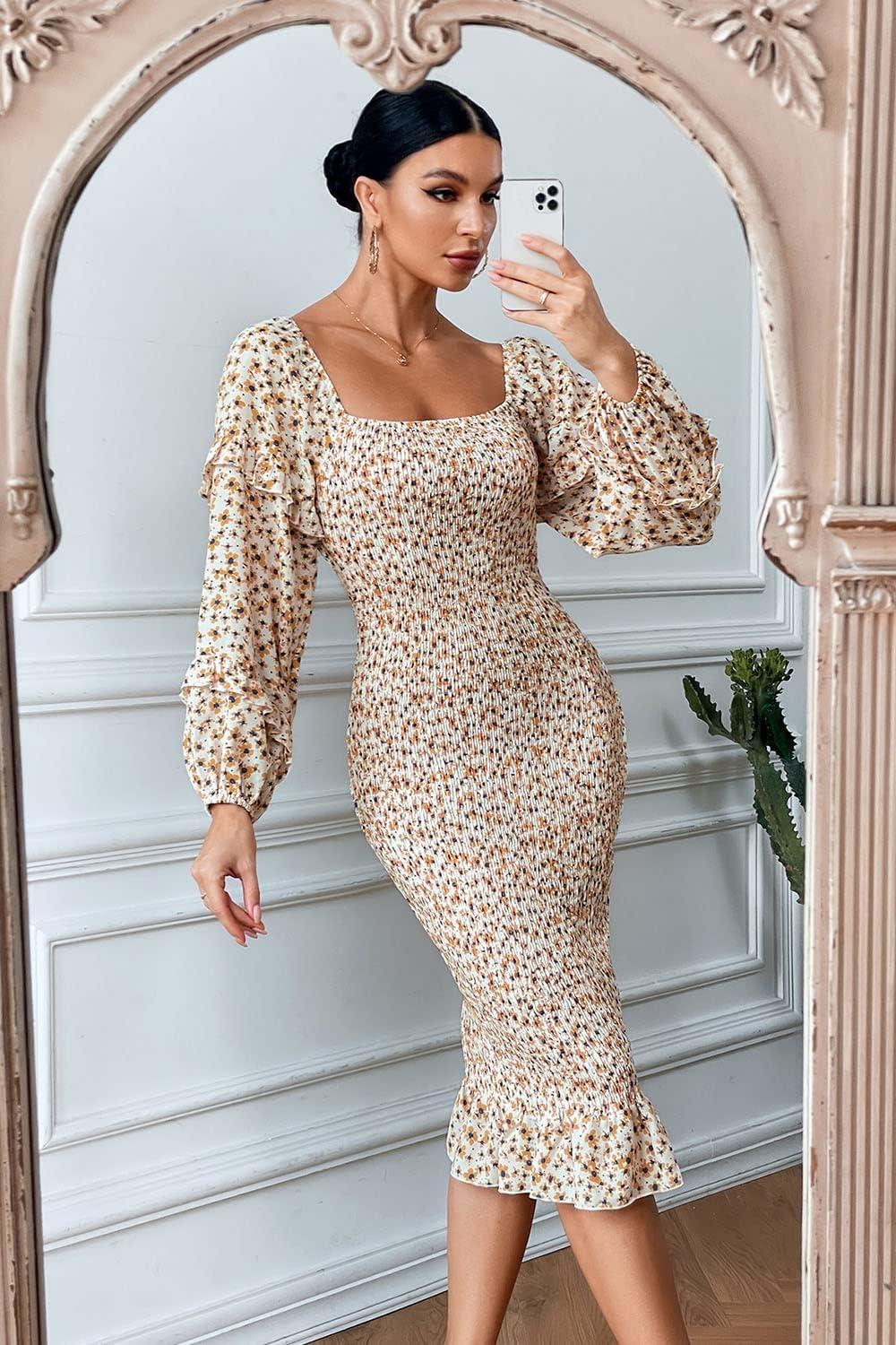 PRETTYGARDEN Women's Long Puff Sleeve Floral Midi Bodycon Dresses Square Neck Ruffle Mermaid Smocked Dress - Image 2