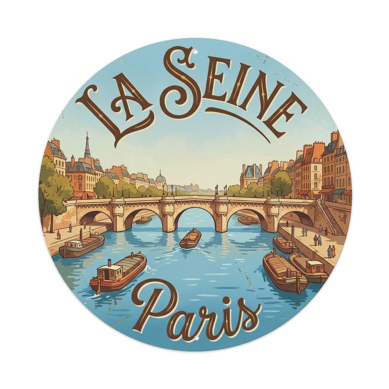 Vintage Travel Seine River Parisian Metal Tin Sign Plaque Wall Decor for Cafe, Club Bar, Office, Home Garden Round Metal Poster 8x8Inch