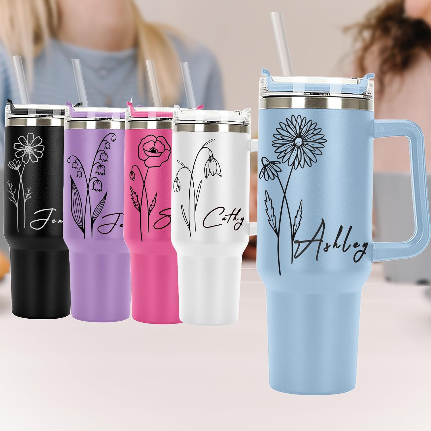 Birth Month Flower Personalized Tumbler 40 oz Laser Engraved, Insulated Cup with Handle, Lid and Straw, Stainless Steel Large Vacuum Insulated - Custom Gift for Bridal Party, Birthday, Teacher Gift