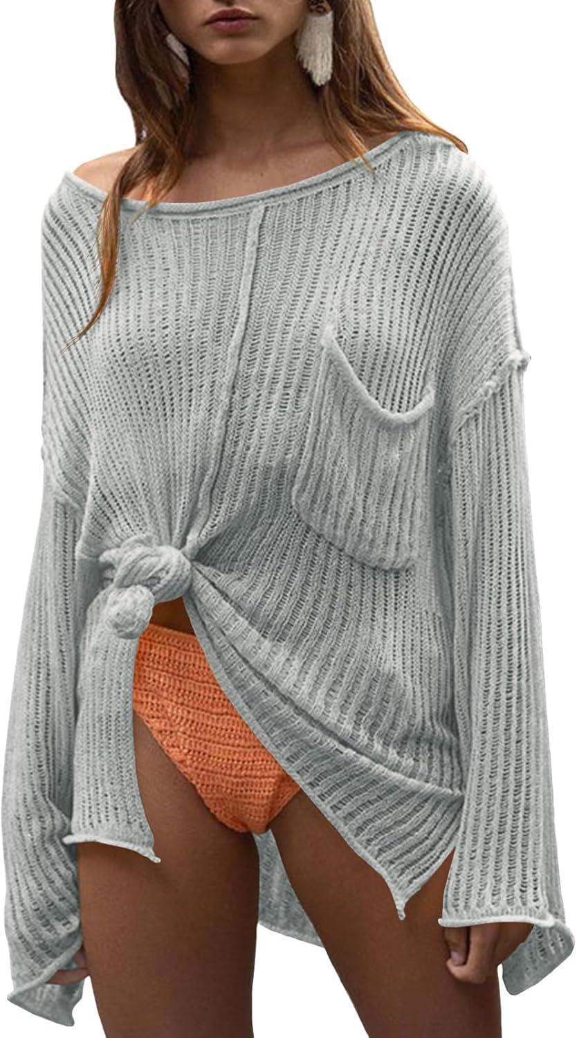 Saodimallsu Womens Sheer Swimsuit Coverup Top Bell Long Sleeve Mesh Ribbed Boat Neck Side Slit Beach Vacation Outfits Grey Small