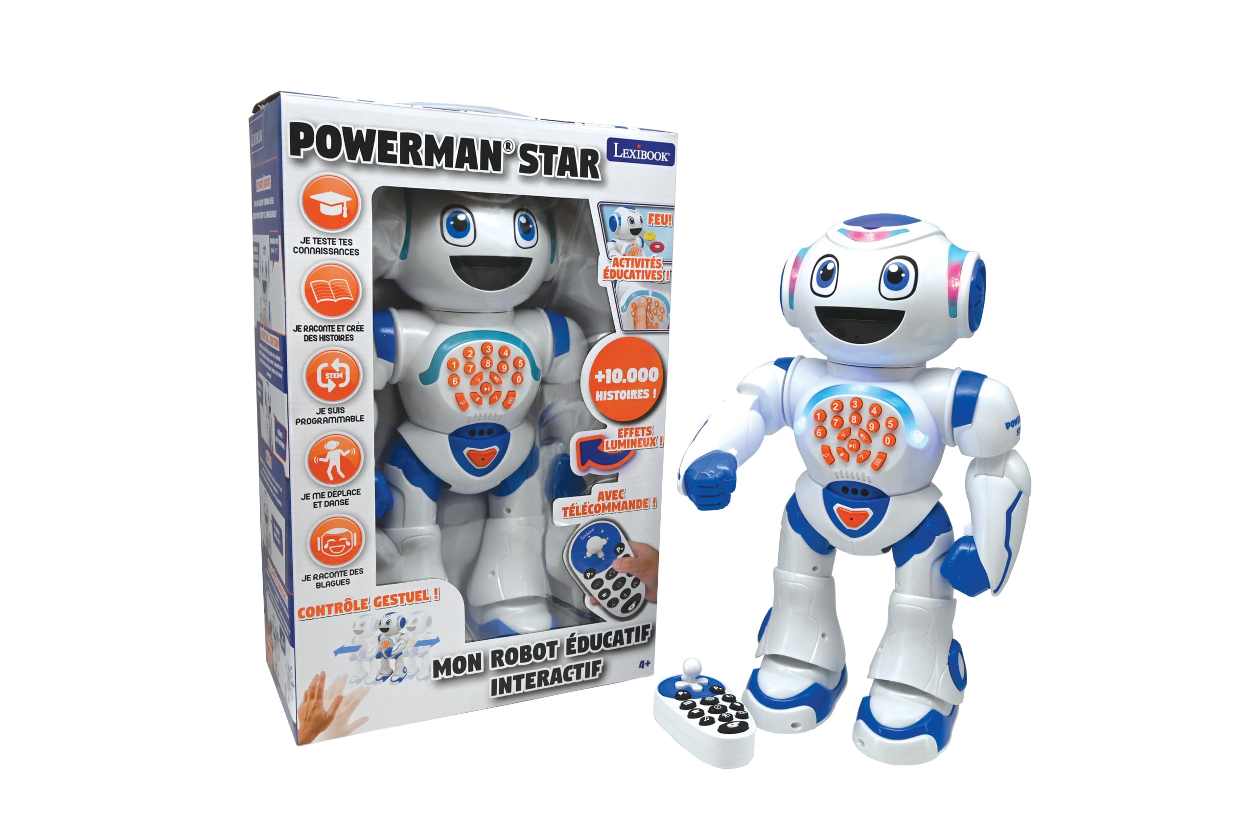 Lexibook Powerman Star Robot télécommandé, Parle et Marche, Programmable STEM pour Enfants 4+, Blanc/​Bleu, ROB85FR