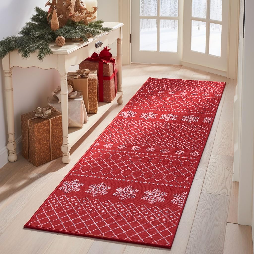 jinchan Christmas Runner Rug 3x8 Red Hallway Rug Xmas Snowflake Runner