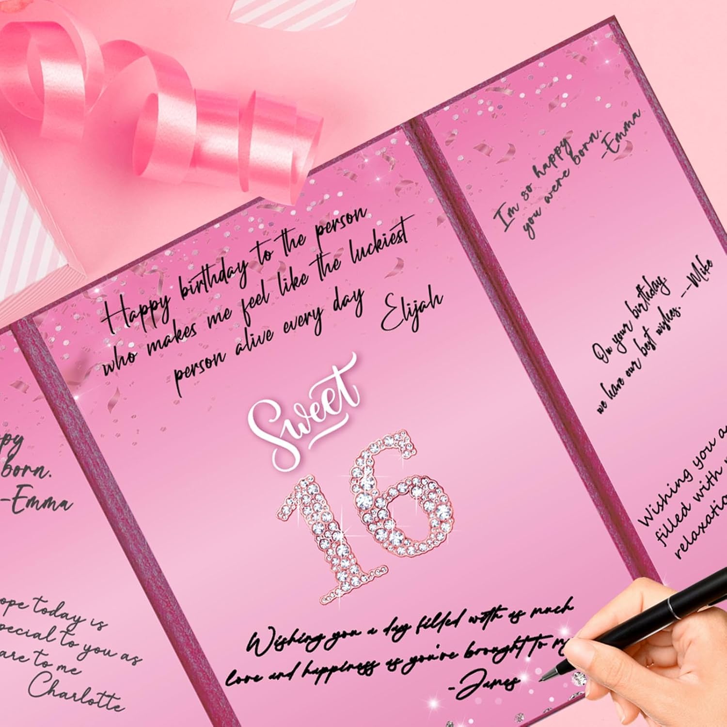 Crenics Sweet 16 Birthday Decorations, Creative Hot Pink 16th Birthday Guest Book Alternative, Large 16th Birthday Signature Book 12" x 18", Great 16 Years Old Birthday Gifts for Girls - Image 9