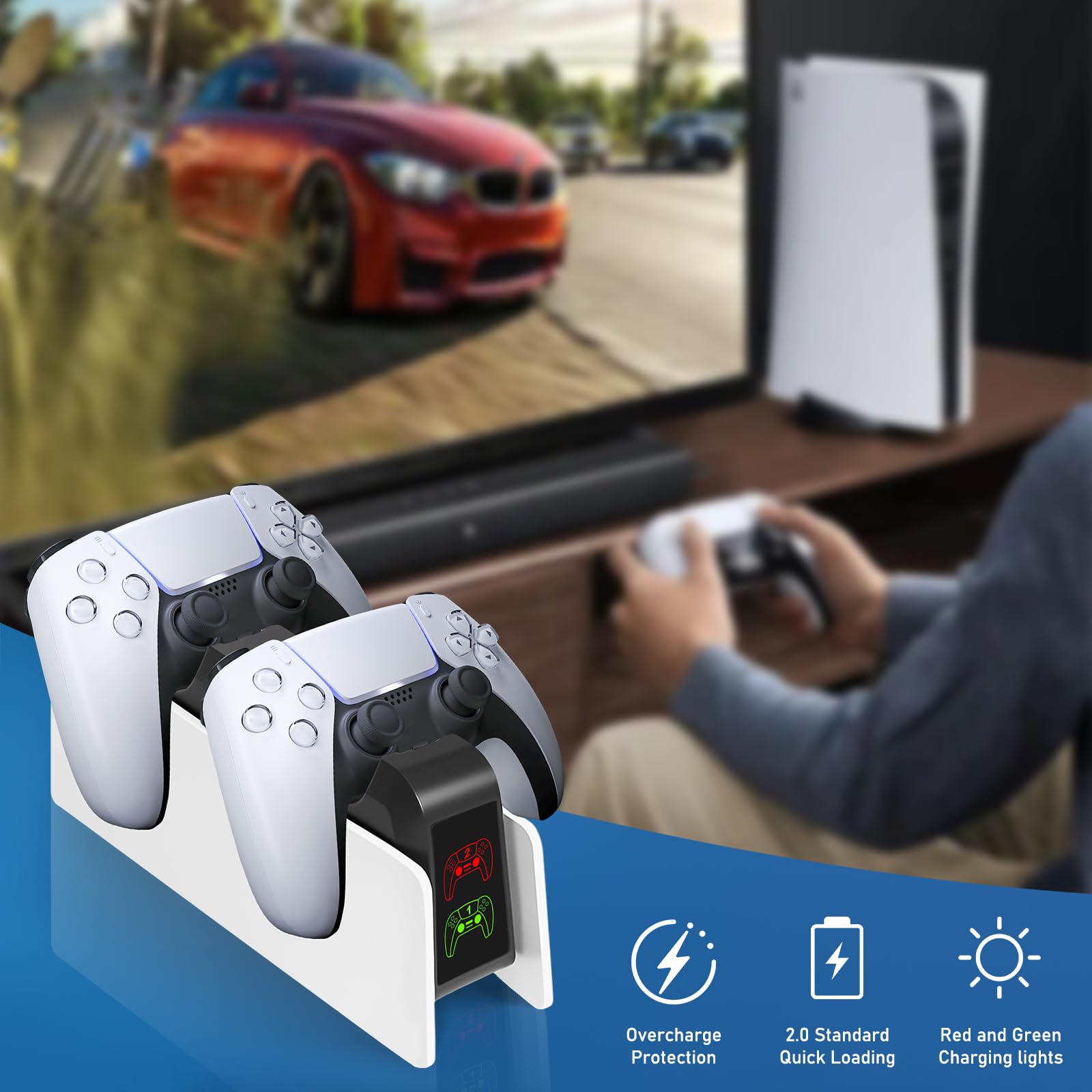 PS5 Controller Ladestation, PS5 Ladestation Controller mit LED Anzeige, 2 Std Schnellladung Ladestatio mit Typ-C Ladekabel für PlayStation 5 Edge, PS 5 Zubehör(Weiß)