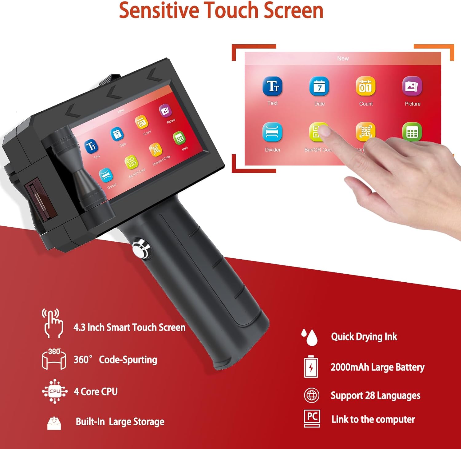 Handheld Inkjet Printer with 2 Quick-Drying Ink Cartridge