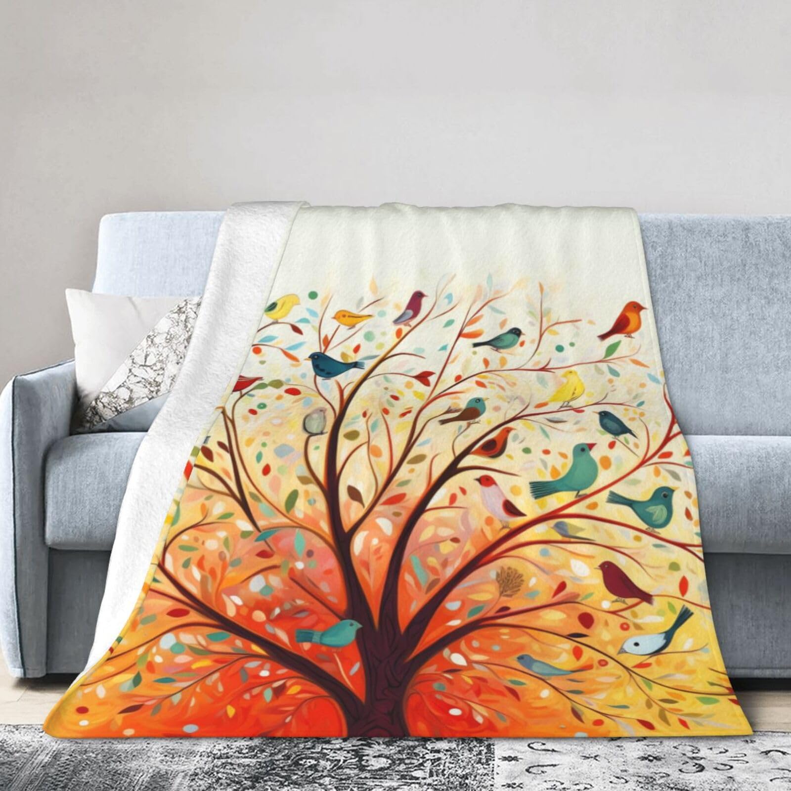 Couverture polaire légère arbre et oiseaux pour éliminer le froid du canapé