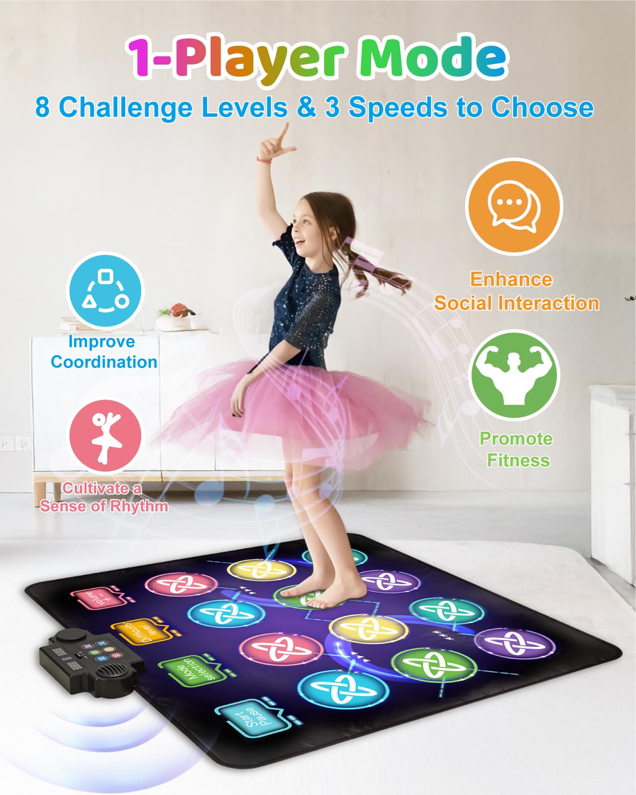 Tapete de baile para niños, almohadilla de baile de 12 botones con luz LED con volumen ajustable, música integrada, modo de 1 jugador y 2 jugadores, 8 modos de desafío y 3 niveles de 2