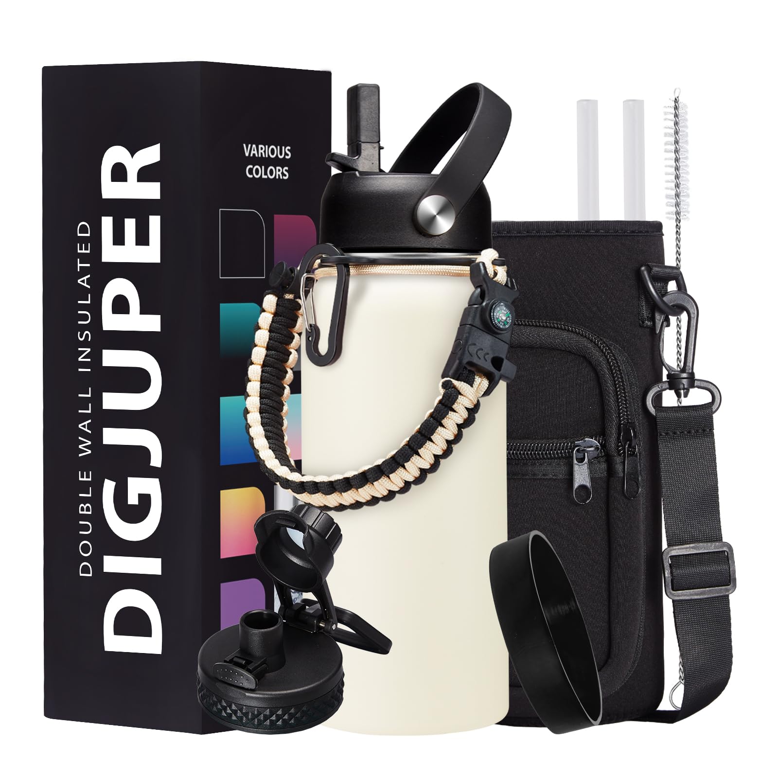 DIGJUPER Insulated Water Bottle - 32oz 40oz 64oz Water Bottles with Straw & Spout Lids, Carrier Bag, Paracord Handle and Flask Boot, Reusable