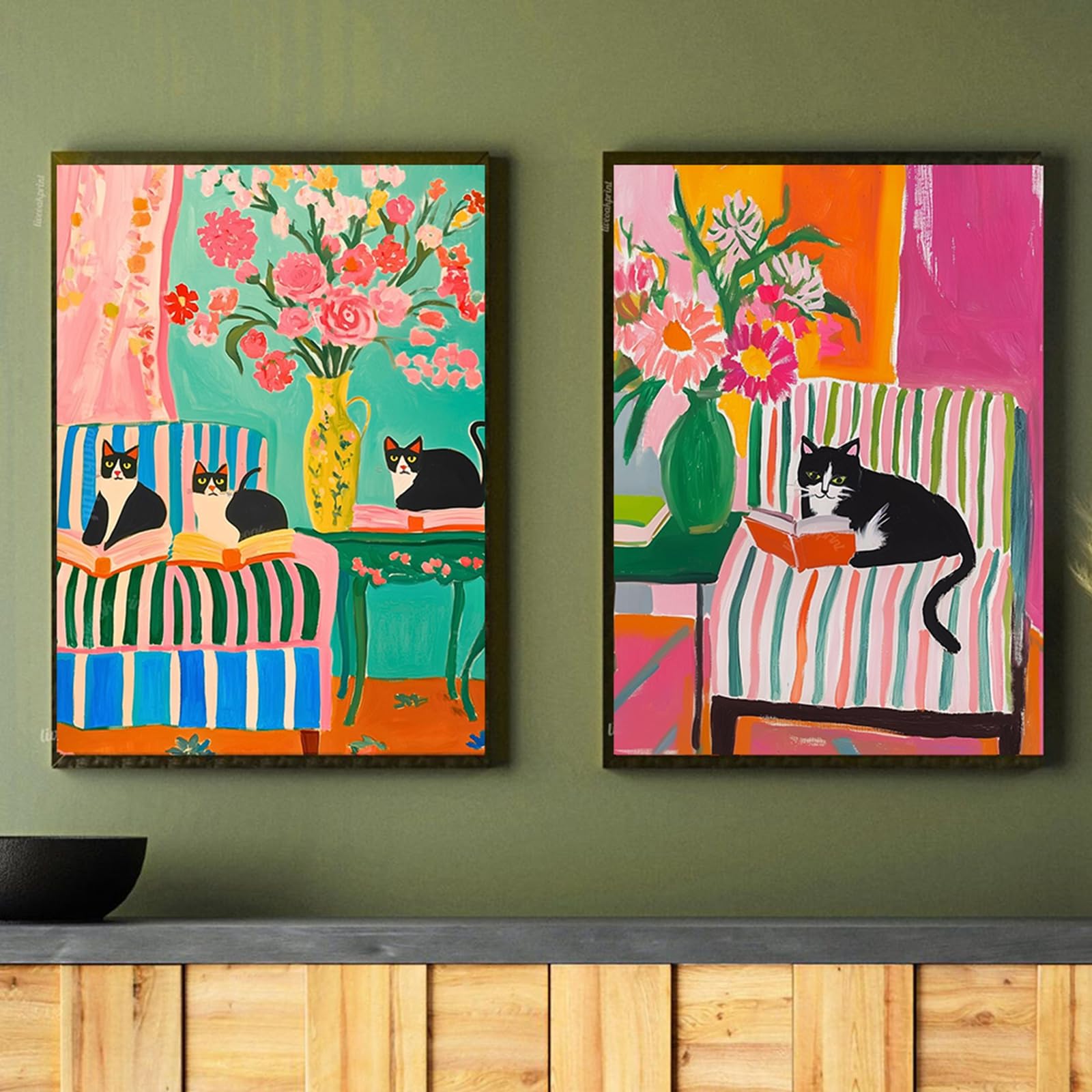 ZBELLO Set of 2 Posters, Abstract Playful Black Cat and Books Canvas Prints, Aesthetic Art Prints for The Living Room, Bedroom and Home Decor, Unframed (50x70cm)