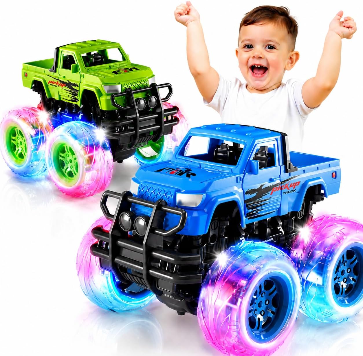 Winstico 2 Pack Monster Truck Light Up Toy Cars - Toys for 2 3 Year Old Boys Gifts - Pull Back Truck Cars for Toddler Boys Toys Age 2 3 4 5 - Birthday Gifts for 2-4 Year Old Boy