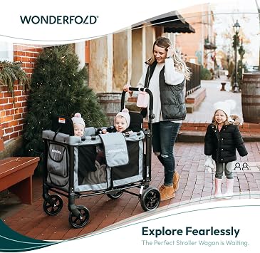 WONDERFOLD W2 Original Double Stroller Wagon Featuring 2 High Face-to-Face Seats with 5-Point Harnesses, Easy-Access Front Zipper Door, and Removable UV-Protection Canopy, Black