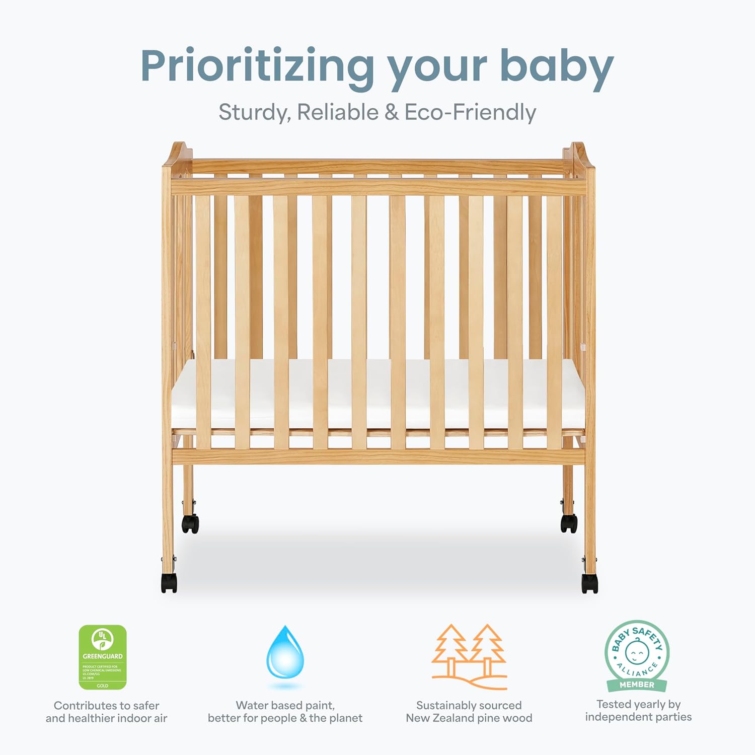 Dream On Me 2-in-1 Lightweight Quick Fold Portable Compact Mini Baby Crib in Natural, GreenGuard Gold & BSA, Patented Flat-Folding, Converts to Playpen in Seconds, Locking Wheels, 1″ Mattress Pad