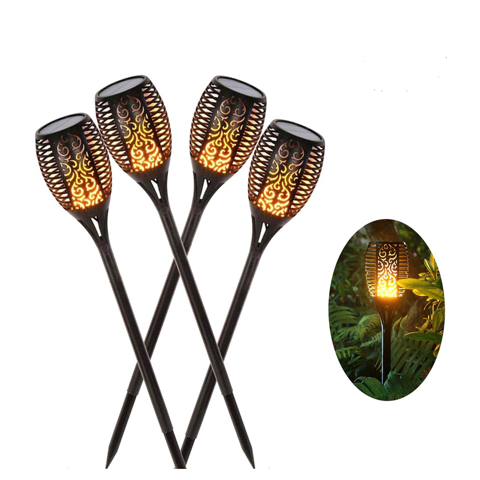 Lot de 4 lampes torches solaires étanches à 96 LED - Flammes vacillantes - Éclairage de décoration de paysage, de terrasse, pelouse - Éclairage du crépuscule à l'aube - Marche/arrêt automatique pour