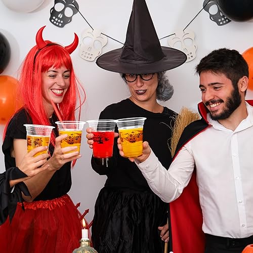Miniatura 5 de Eaasty Paquete de 100 vasos desechables de plástico para Halloween de 12 onzas, vasos desechables de 12 onzas de araña, calabaza, murciélago, vasos