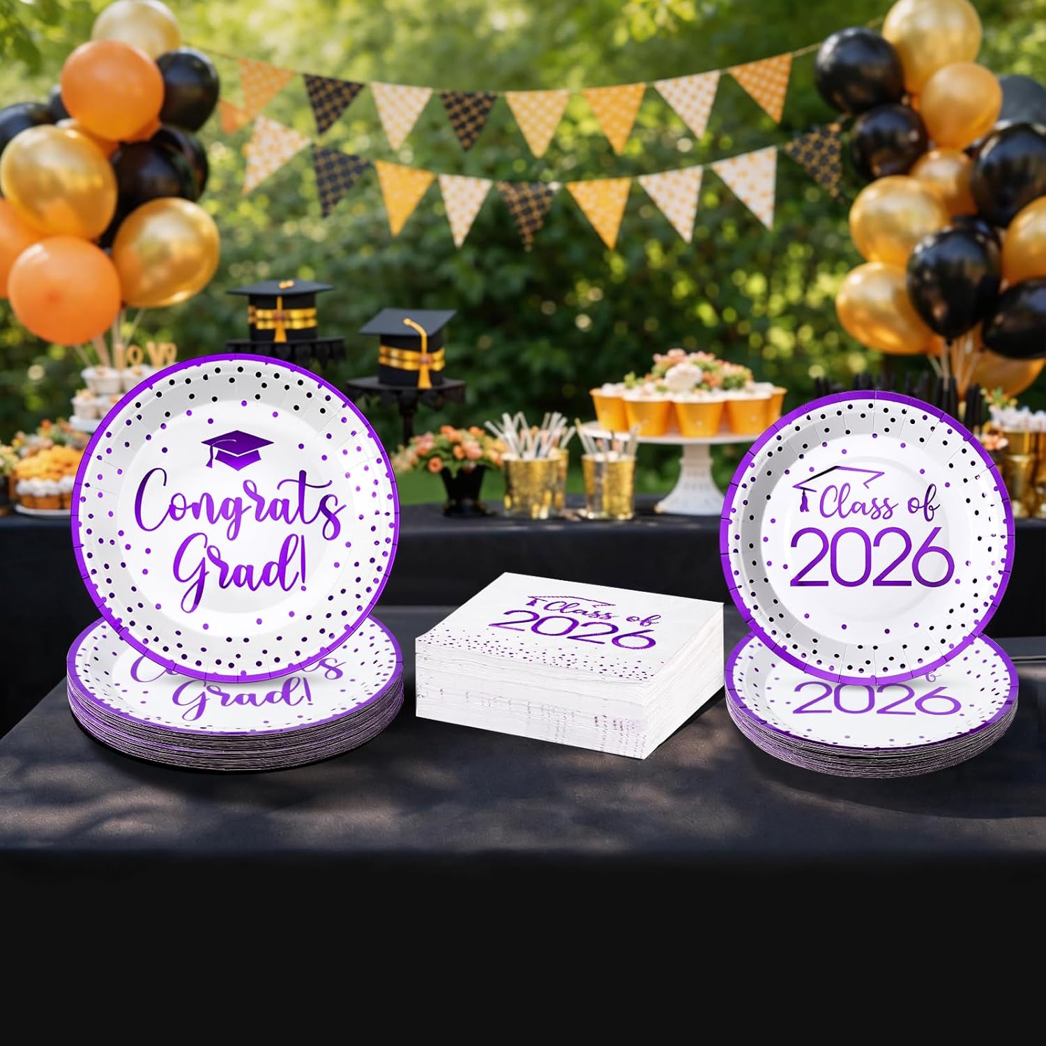 150Pcs Graduation Plates and Napkins Set, Class of 2026 Disposable Gold foil Tableware for College High School Congrats Grad Graduation Party Decoration and Supplies, Serve 50(White and Purple)