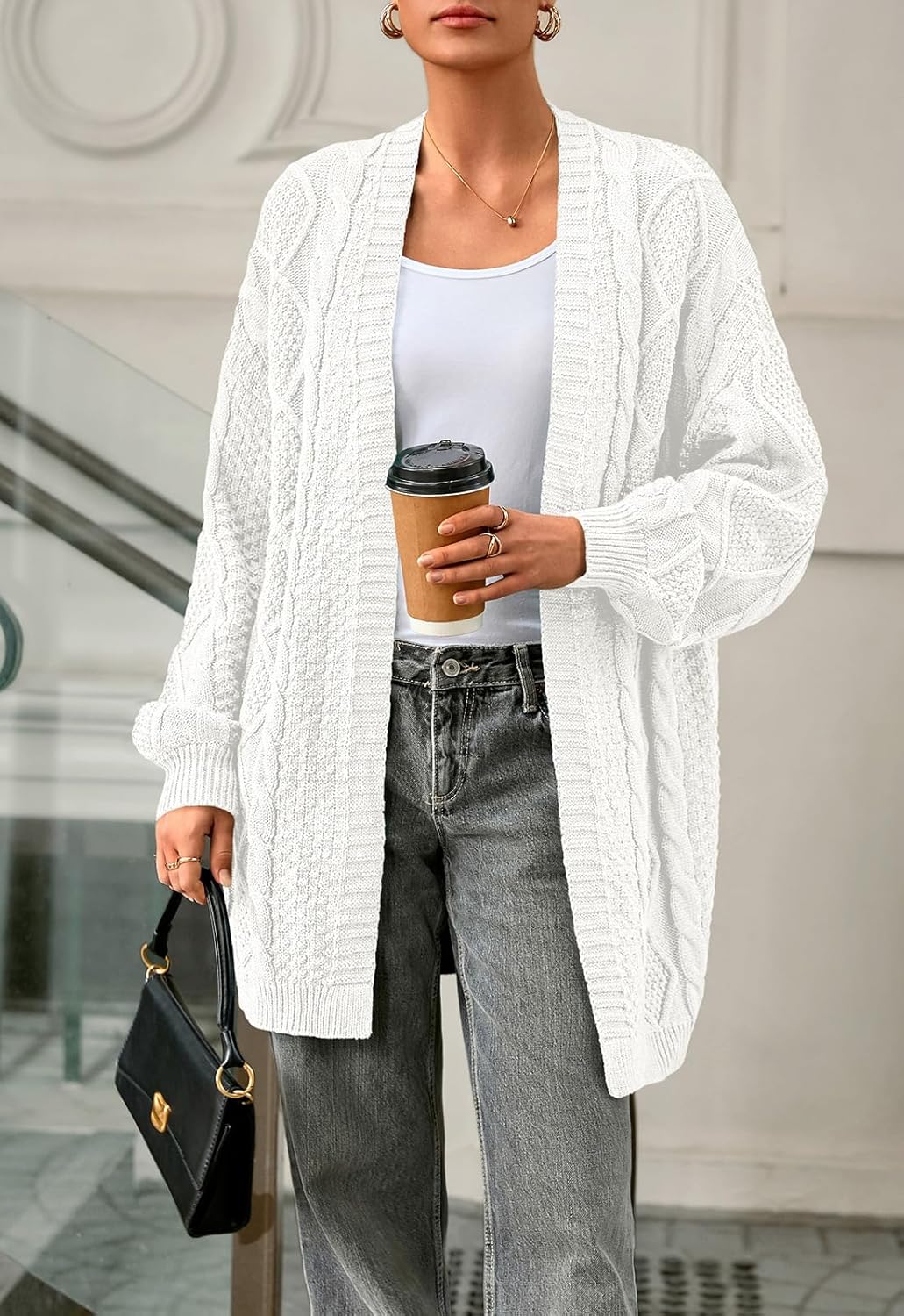 PRETTYGARDEN Women's Cable Knit Open Front Spring Sweater Lantern Long Sleeve Chunky Cardigan Sweaters Trendy Outerwear Coats - Image 4