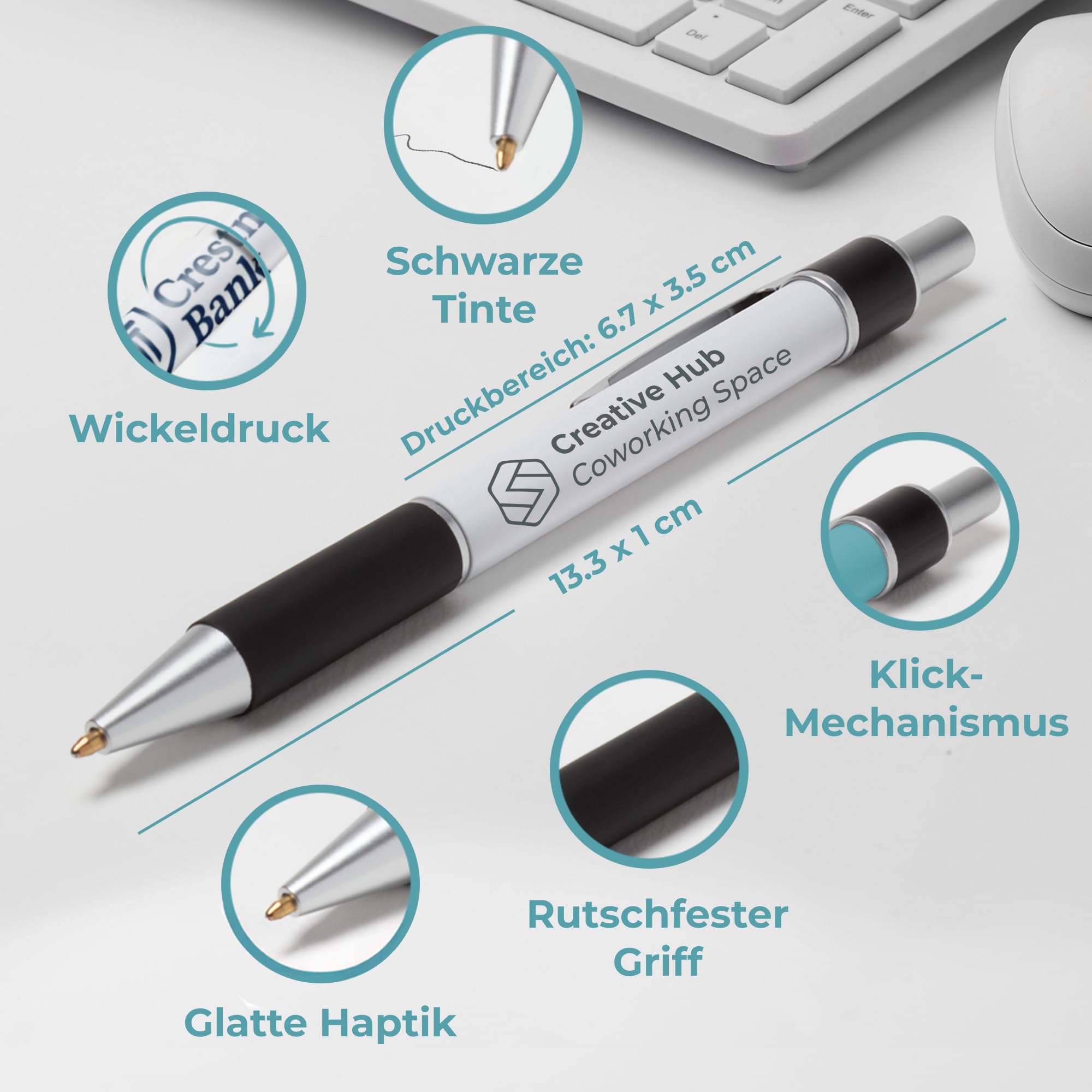 Cimpress Personalisierter Kugelschreiber, Rundumdruck Logo und Text, 25 Stück, Schwarze Tinte, Rutschfester Griff, Geschenk für Büro, Schule, Geburtstag, Hochzeit