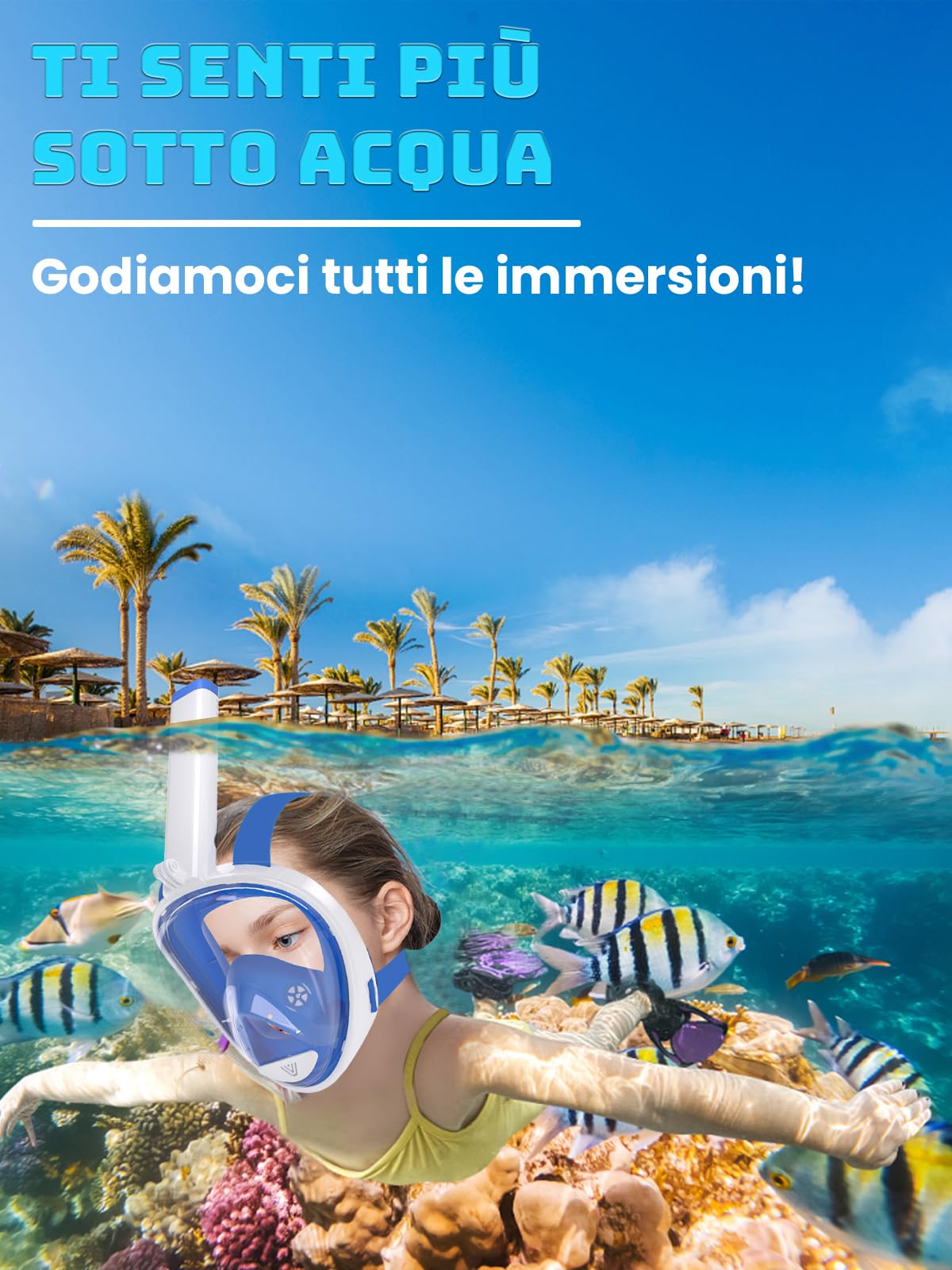 Vitare Maschera da Snorkeling per Adulti e Bambini, Maschera Subacquea Integrale Tecnologia Antiappannamento, Maschera da Mare con Supporto per Fotocamera, Maschera da Sub per Immersioni
