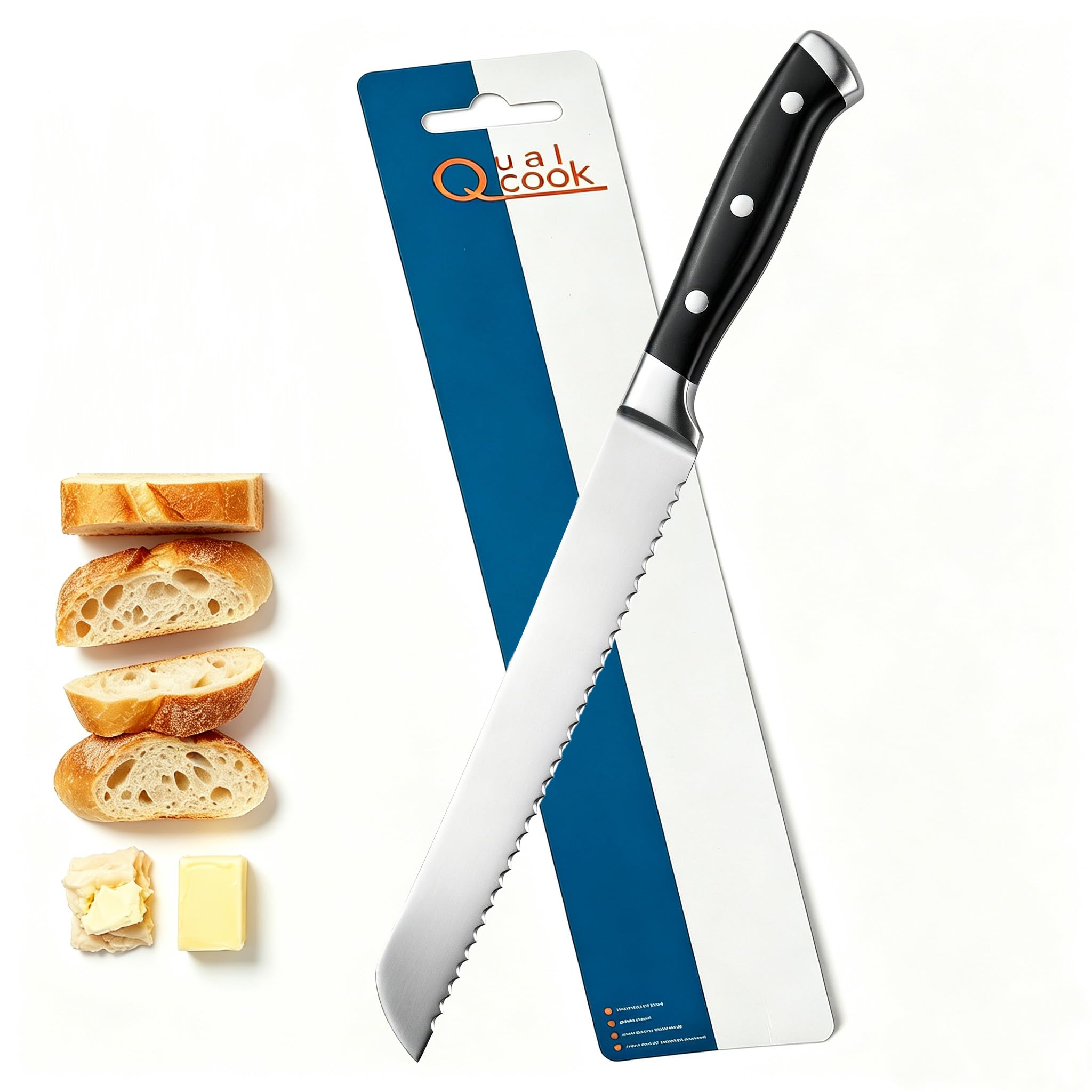 8 Inch Serrated Bread Knife, Triple Rivet Kitchen Knives with Ergonomic Handle, High Carbon Steel Wavy Edge Baking Cutting Knife for Slicing Homemade Bread, Sourdough, Bagels, Cake