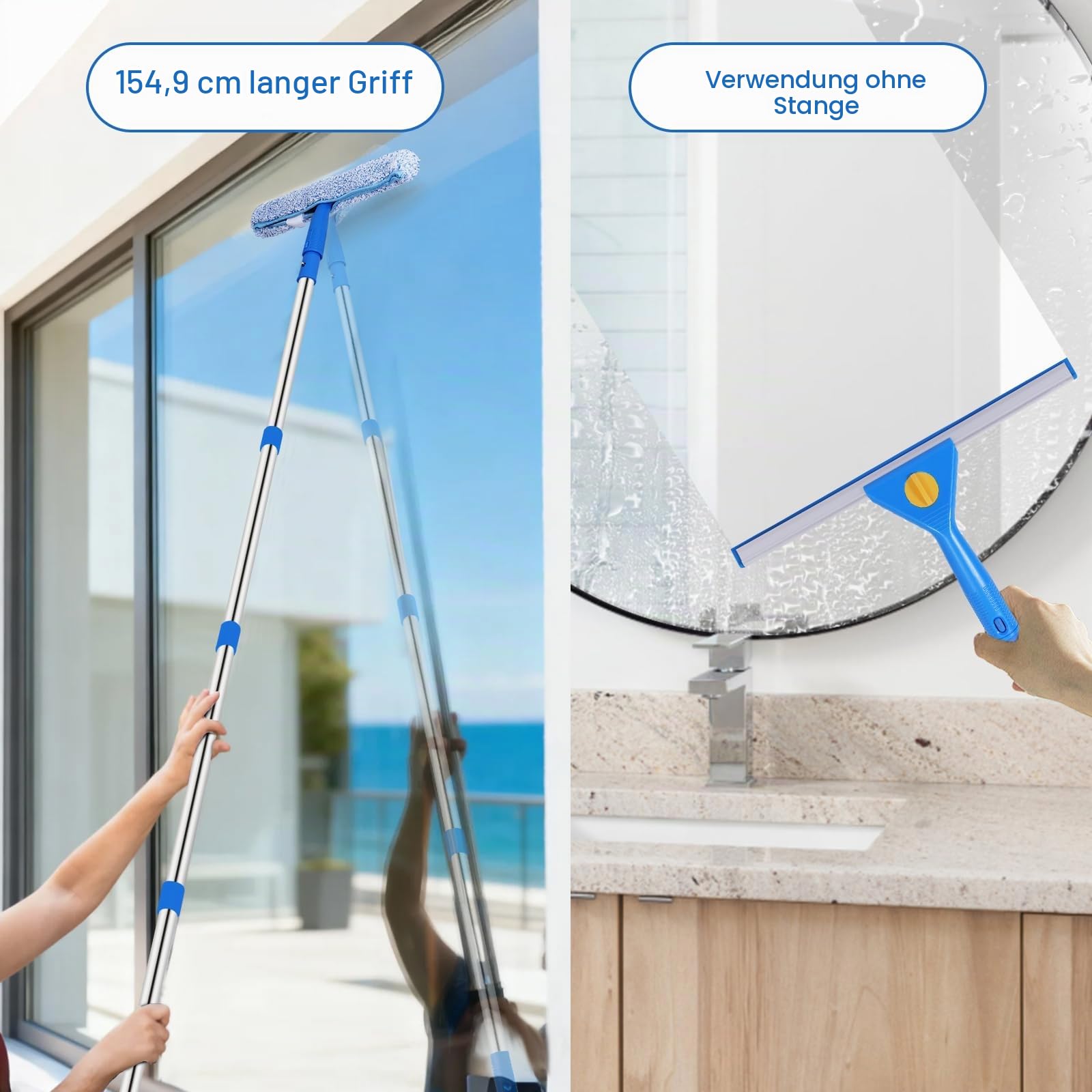 Fensterreiniger Set mit Putzeimer 12L, 35cm Fensterabzieher & 38cm Fenster Einwascher mit 155cm Langem Griff, Profi Fensterputzer Set mit Mikrofasertuch für Haus, Fenster, Glas, Outdoor, Kommerzielle