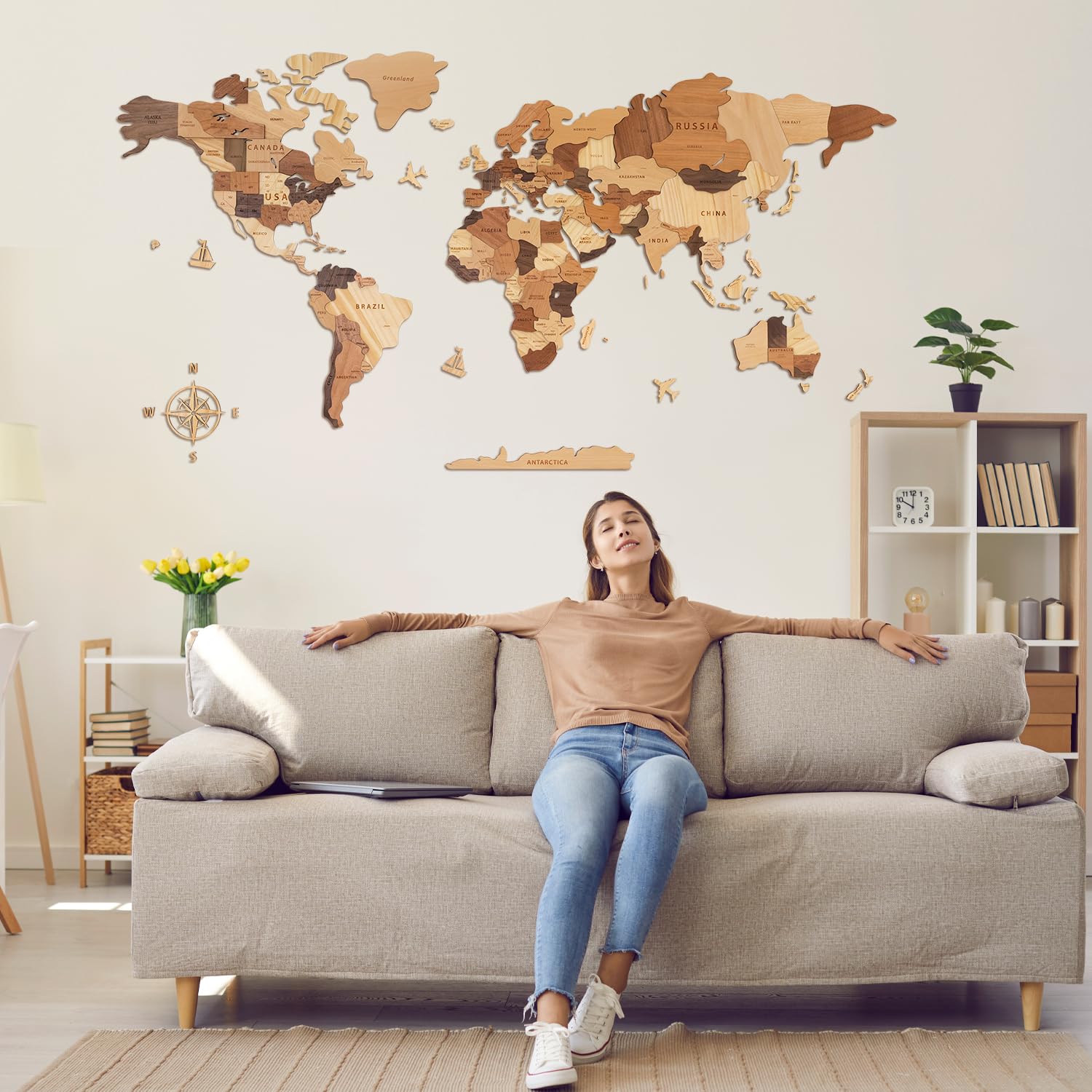 Creawoo Mapa del Mundo 3D de Madera para Decoración de Pared, Grande Mapamundi Maciza Natural Multicapa Arte de Pared para Oficina Sala de Estar Dormitorio, Mapamundi de Viaje de Madera-200x114cm