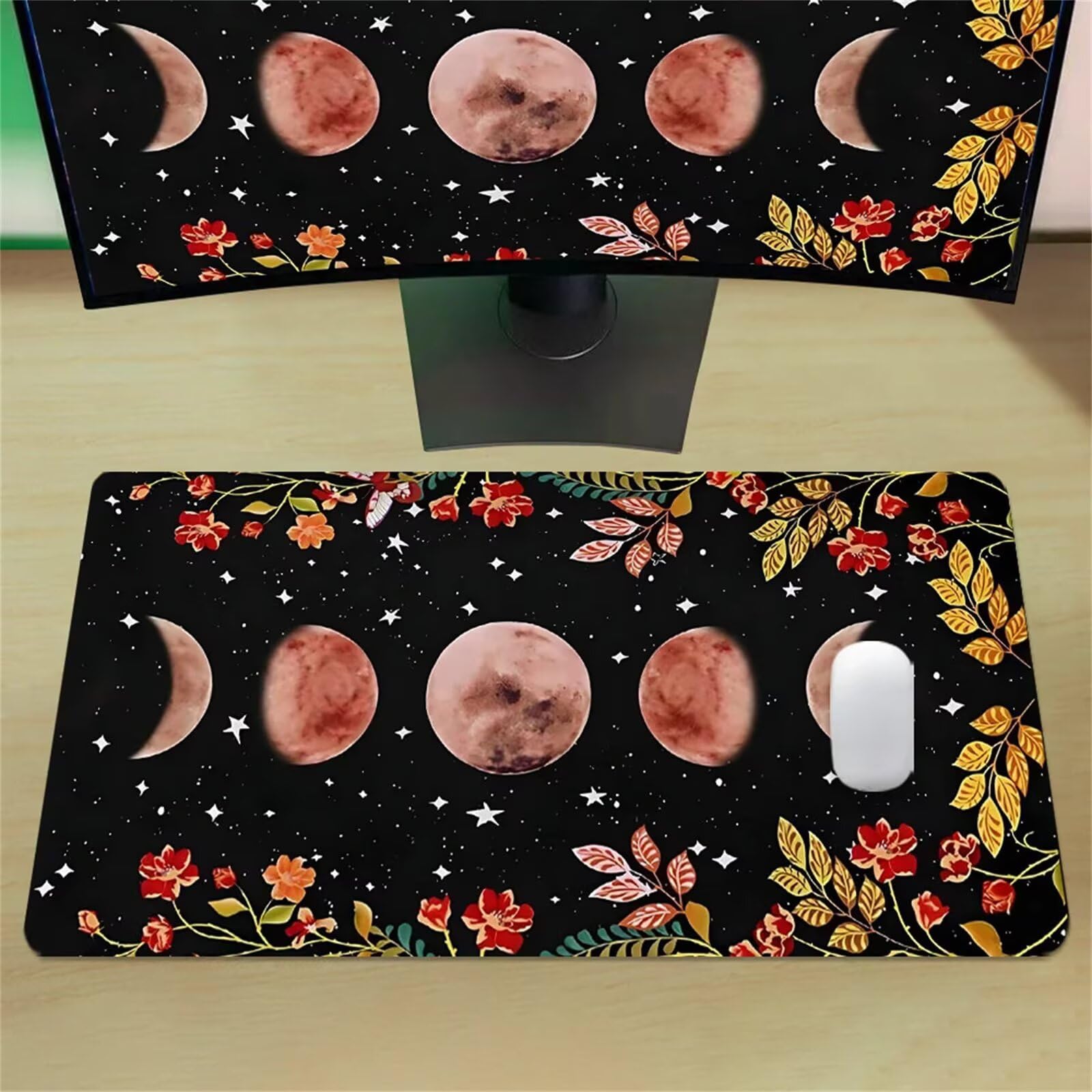 Grand Tapis de Souris de Jeu 900 x 400 x 3mm, Tapis de Souris XXL Éclipse Lunaire Florale, Optimisé pour Capteur, Haute Précision et Vitesse avec Bords Cousus pour Bureau et Gaming