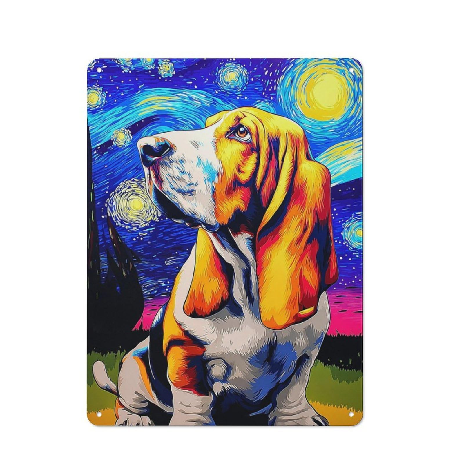 Junmoney Starry Night Basset Hound Art Print Vintage Metal Plaque 40X30cm For Guest Room Or Hallway, A Decorative Christmas Gift For Guest Room Decorators