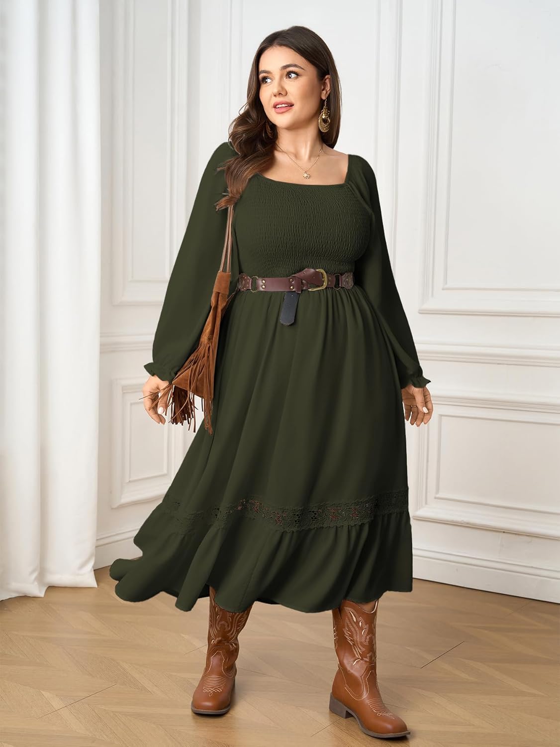 SCOMCHIC Womens Plus Size Fall Dresses Long Sleeve Square Neck Wedding Guest Smocked Flowy Boho Country Western Maxi Dress - Image 6