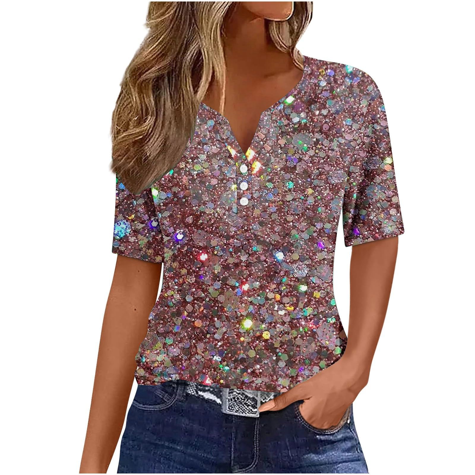 Summer Tops for Women V Neck 2024 Trendy Sparkly Tshirts Blouse Dressy Csaual Loose Fit Fashion Clothes