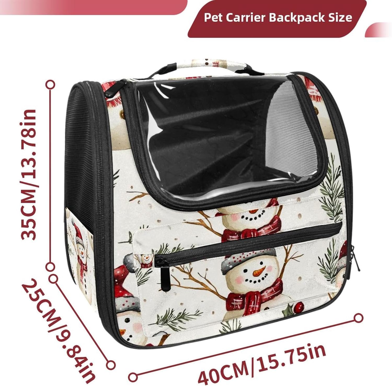 Merry Christmas Snowman Pet Carrier Airline Approved Soft Sided Portable Cozy Travel Pet Bag, Car Seat Safe Carrier for Cats and Dogs