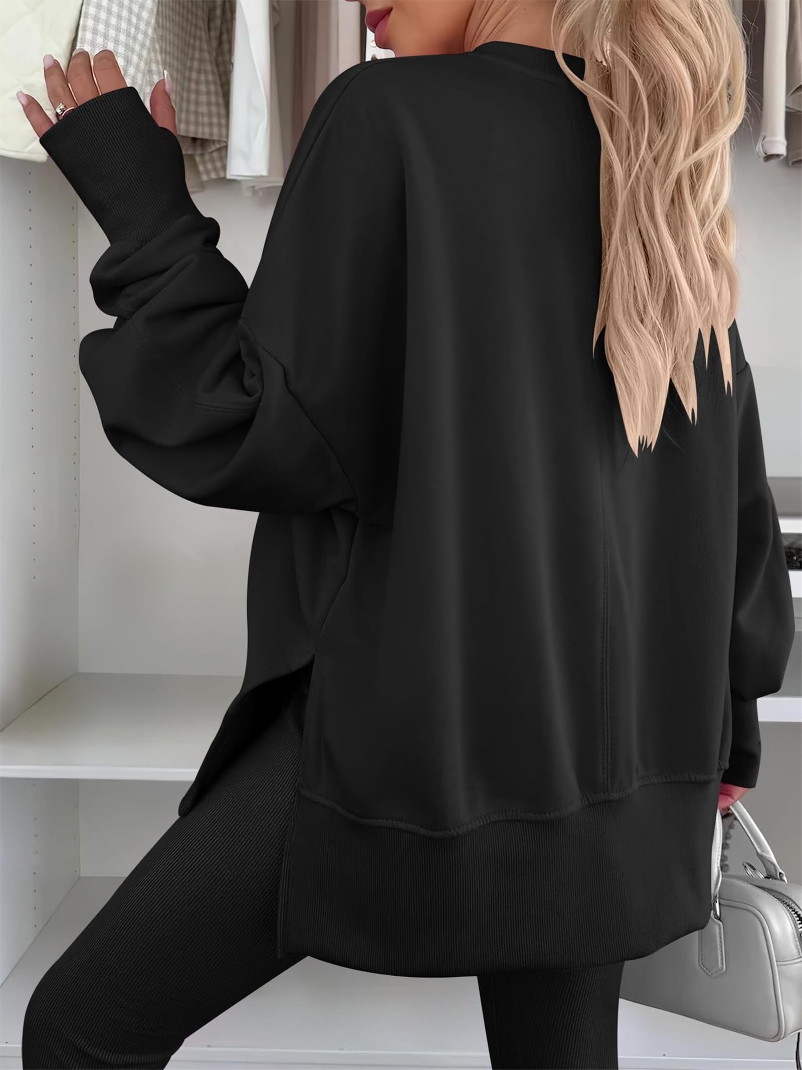 Bluza damska z otworem na kciuk, bluza z kapturem z długim rękawem, koszula, wygodna górna część swetra z rozcięciem po bokach, bluzy z okrągłym dekoltem