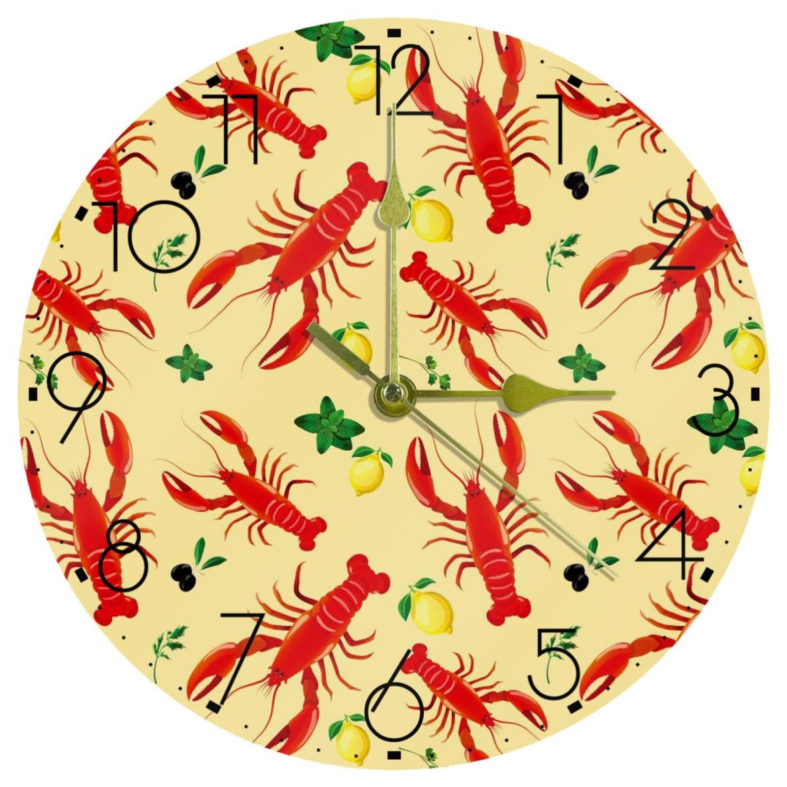Horloge murale silencieuse homard et citron de 25 cm pour décorer la cuisine