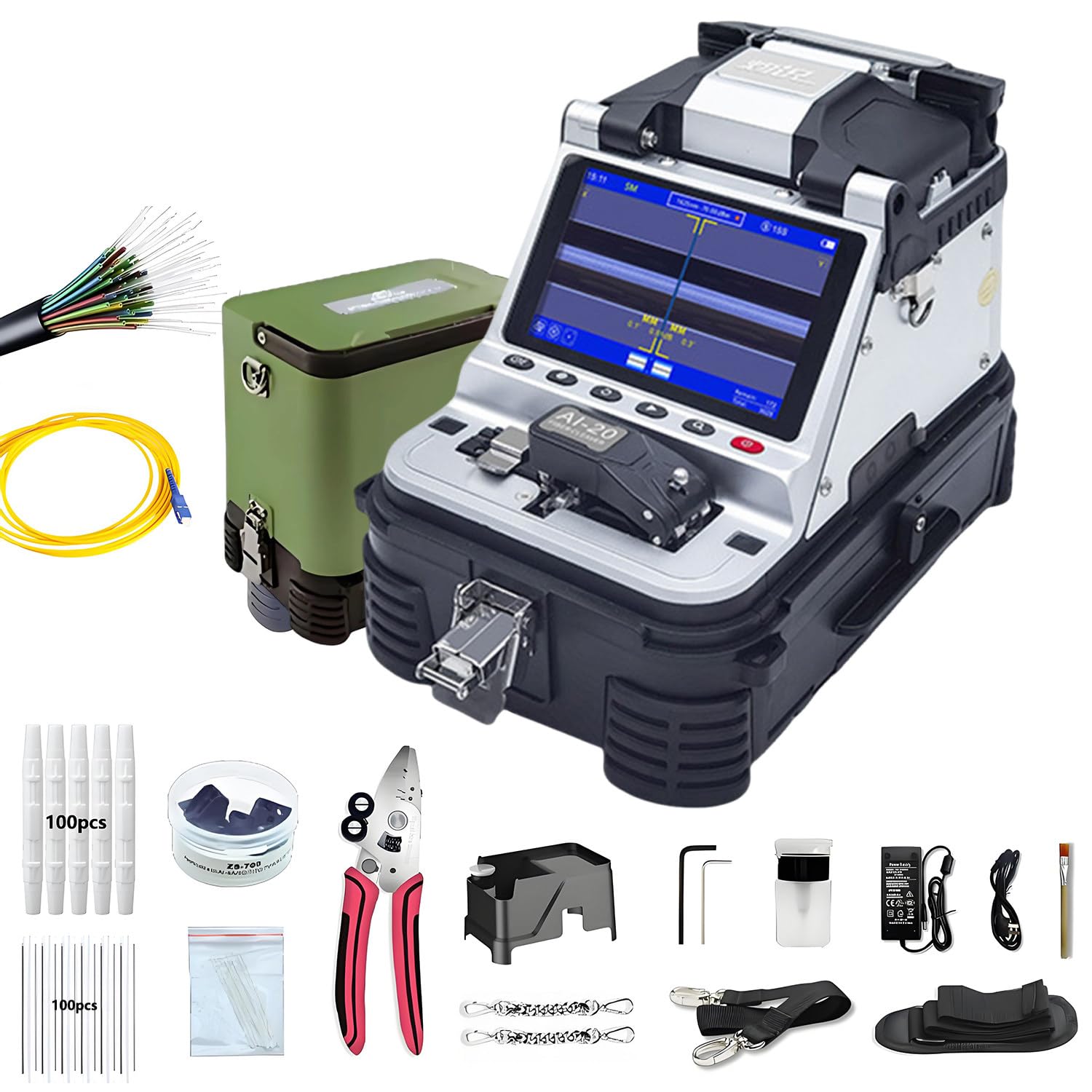 Fusionadora de fibra optica FTTH maquina empalmadora fibra optica con cortadora integrada, alineacion nucleo 6 motores 0,05μm/0,1μm,pantalla HD 5 pulgadas,para instalacion telecom fibra tecnico Al-20