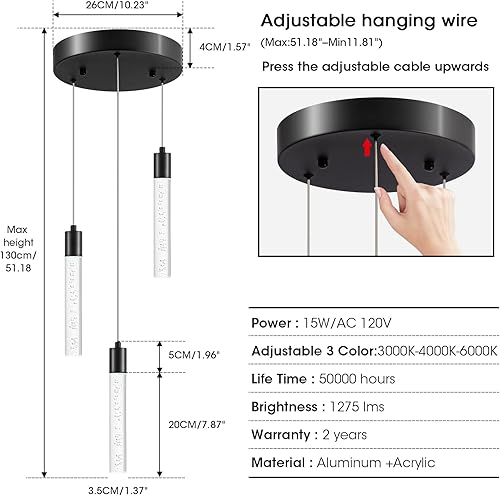 Miniatura 5 de 3 luces colgantes negras modernas para isla de cocina con altura ajustable, luces de isla cilíndrica transparentes, 3000-6000 K, iluminación