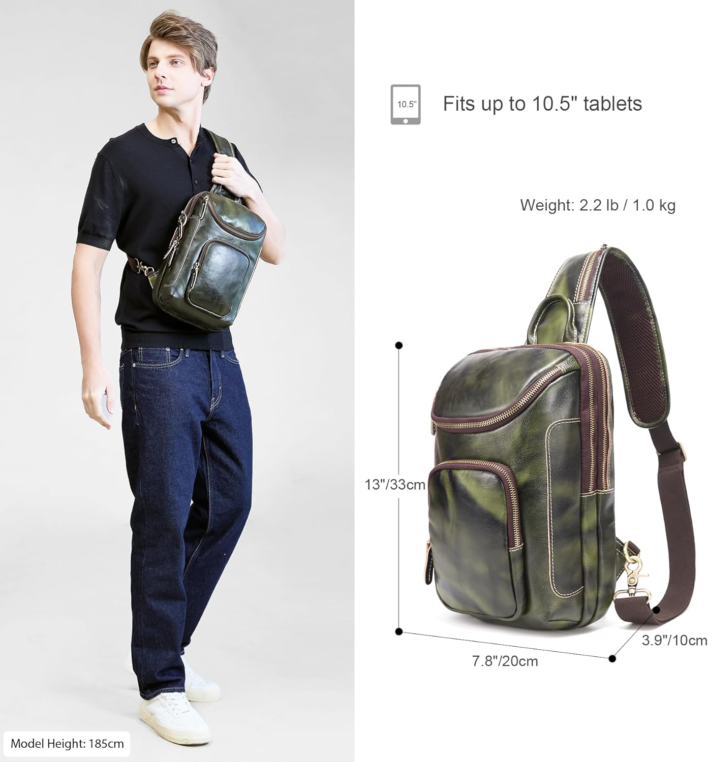 LANNSYNE Vintage Full Grain Leather Sling Bag Crossbody Chest Daypack | Vintage, Full Grain, Leather, Chest - Image 6