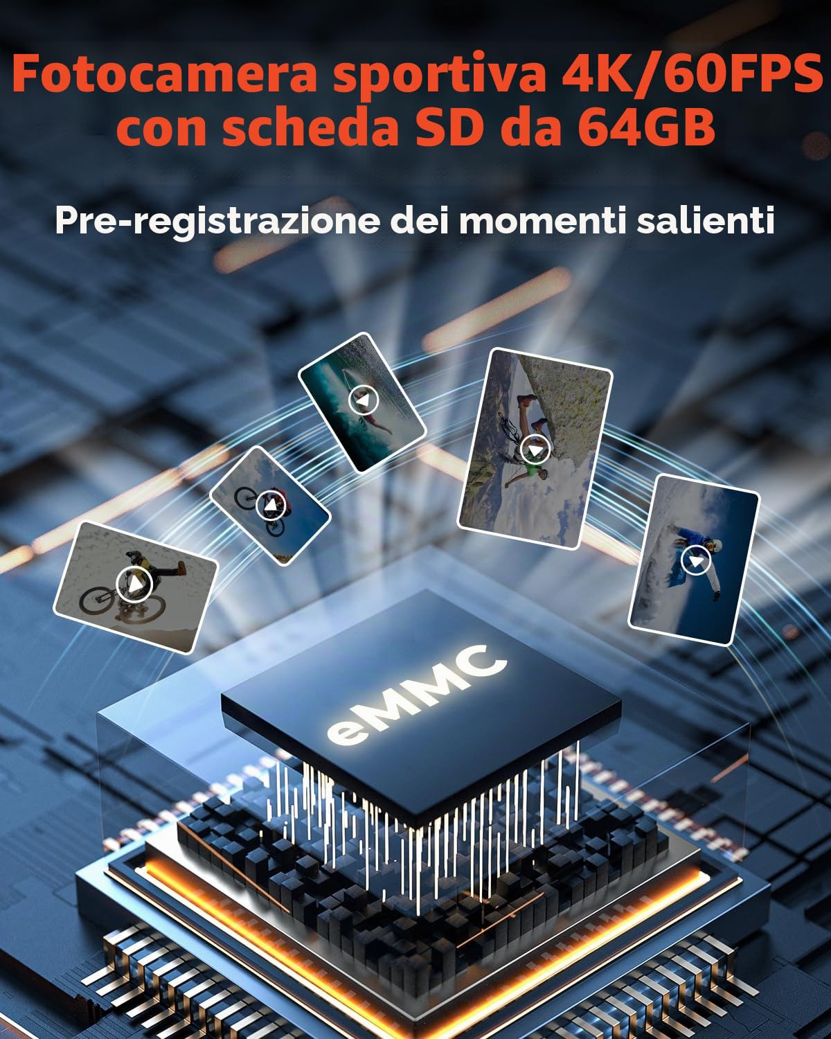 4K 60FPS Action Cam con 64GB SD Card, Touchscreen Pre-Recording 24MP Videocamera Fotocamera Subacquea 131FT Telecamera Moto 170° Telecamere Sportive con 2 * 1350mAh Batterie Kit Accessori Casco