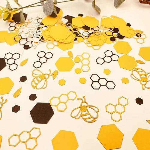 Miniatura 4 de E-ASUM 100 unidades de confeti de abeja, confeti de abeja con purpurina dorada, confeti de punto de abeja amarillo y negro, confeti hexagonal para