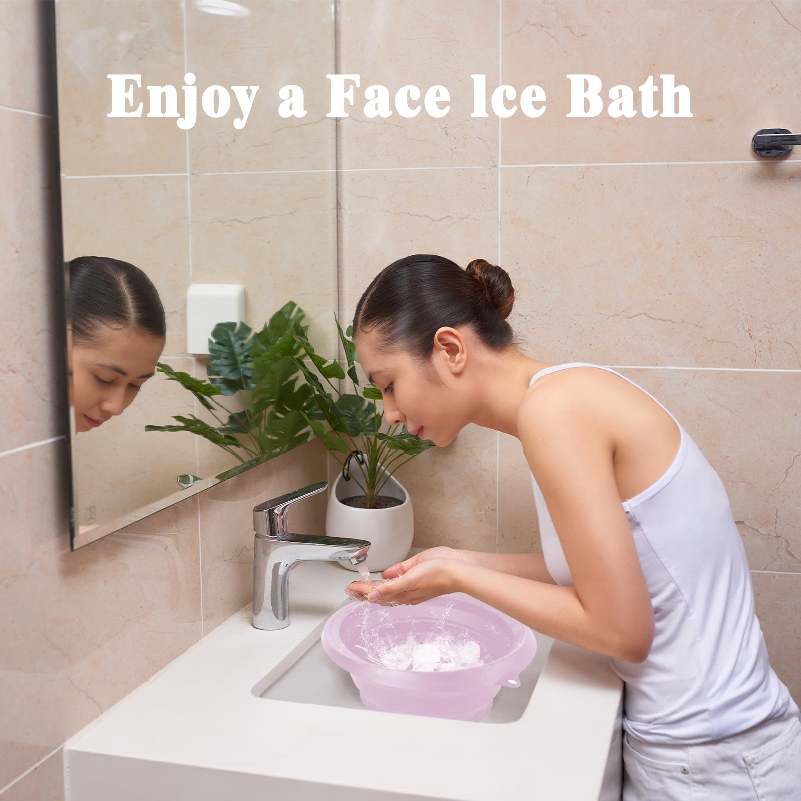 Cuenco grande de silicona para baño de hielo facial con icetray integrado, diseño plegable y colgante para un fácil almacenamiento y transporte, baño de hielo facial en casa y viajes (morado)