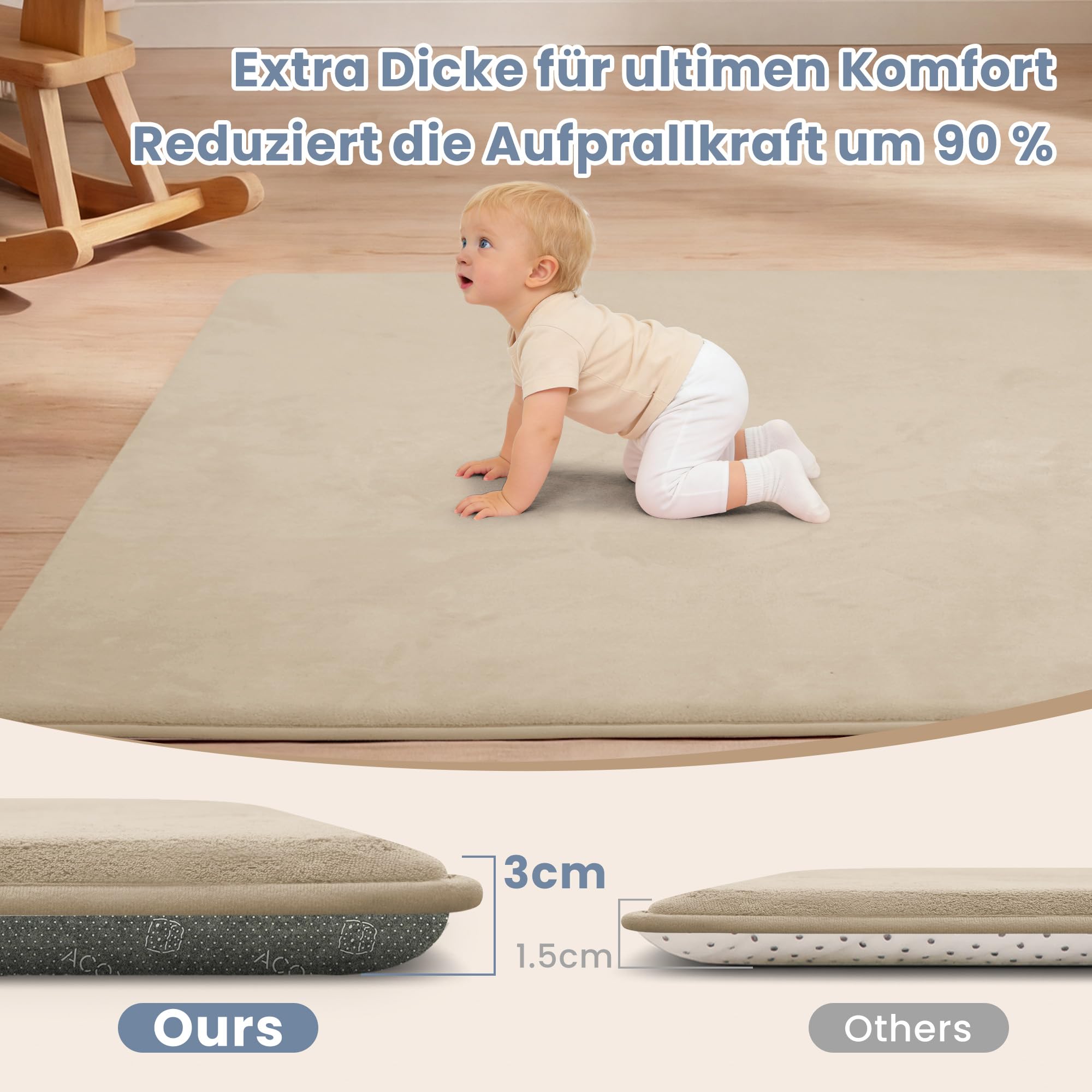 ACOMOPACK Baby Spielmatte, 3cm dick großer rutschfester Kinderteppich,Memory-Schaumstoff samtweiche Krabbelmatte für Bauchlage (Khaki, 150 x 180 cm)