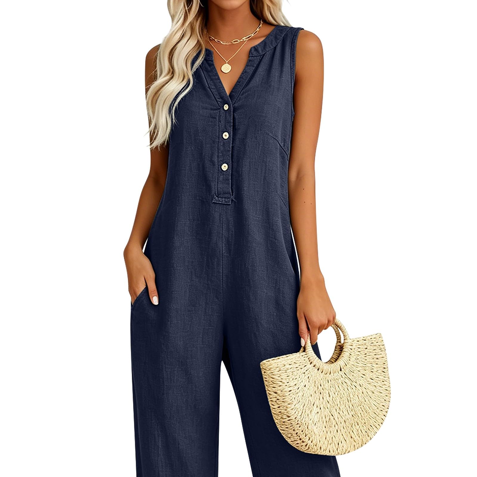 Tuta estiva da donna, in lino, senza maniche, con tasche | Tuta con pantaloni a gamba larga, elegante scollo a V, tuta intera in mussola, casual, per le vacanze