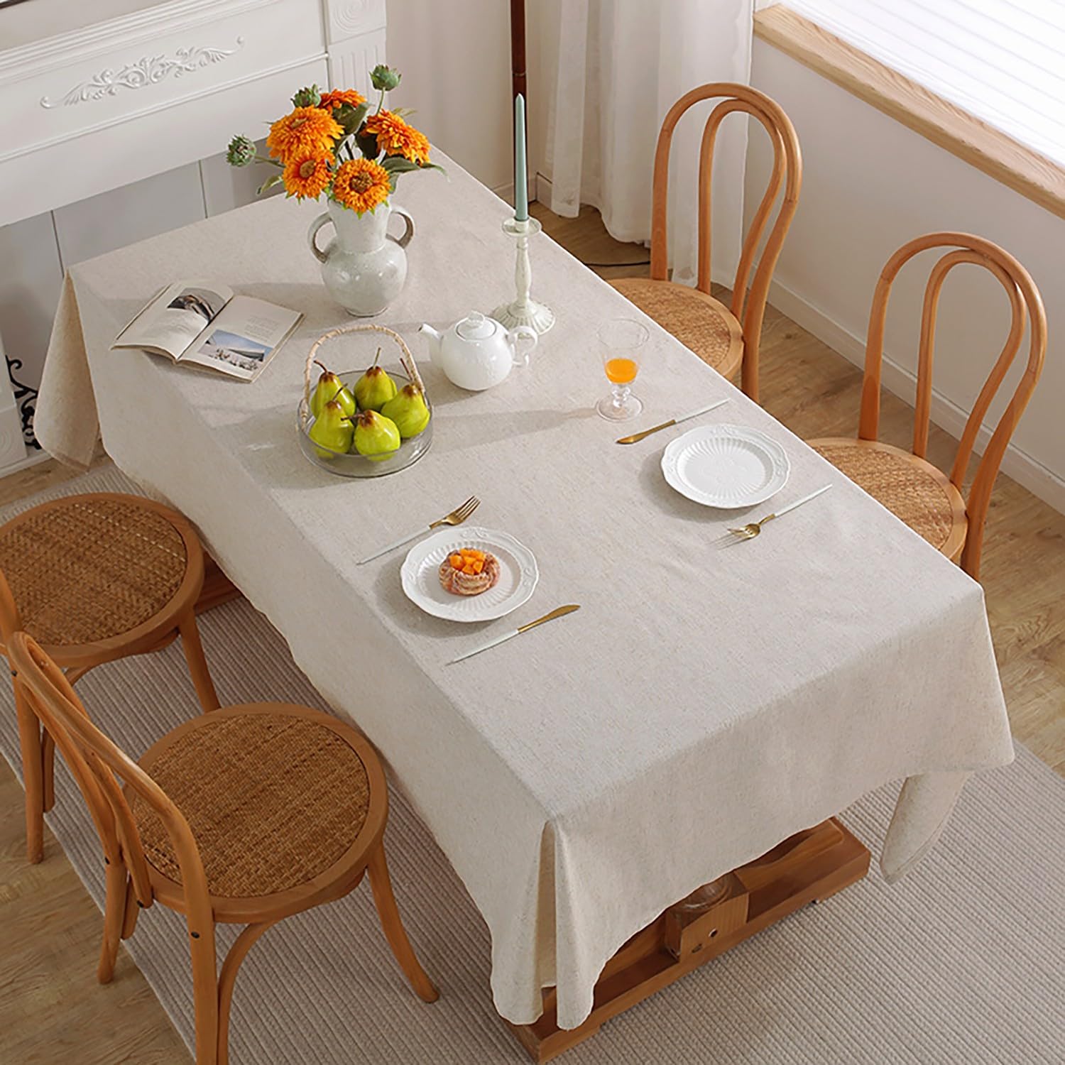 Mantel de lino texturizado, lavable, resistente a las manchas y sin arrugas, funda de tela decorativa para comedor, fiestas y camping (beige, 135 x 240 cm)