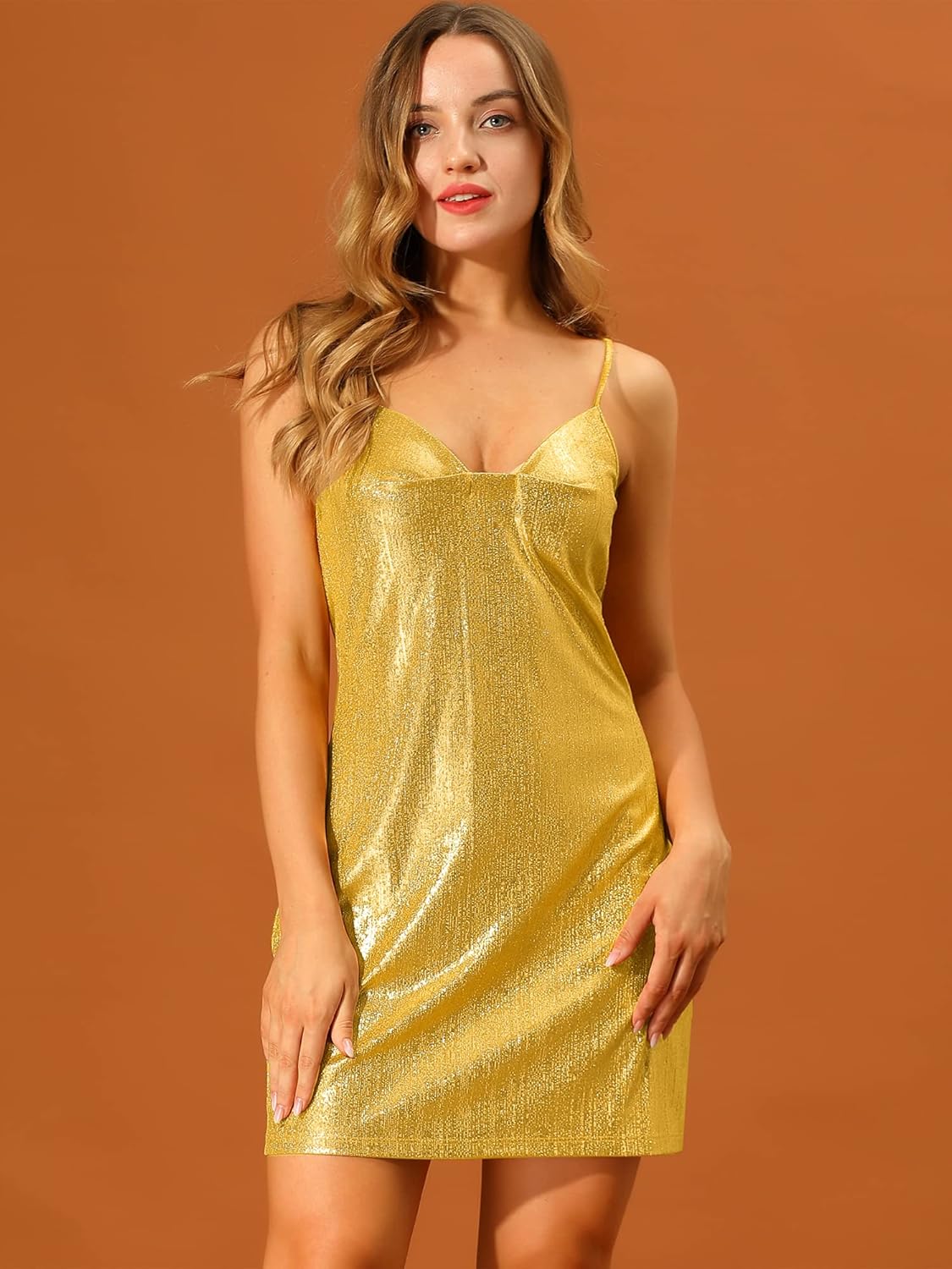 Allegra K Women's Halloween Sparkly Metallic V Neck Spaghetti Strap Club Party Mini Dress - Image 2